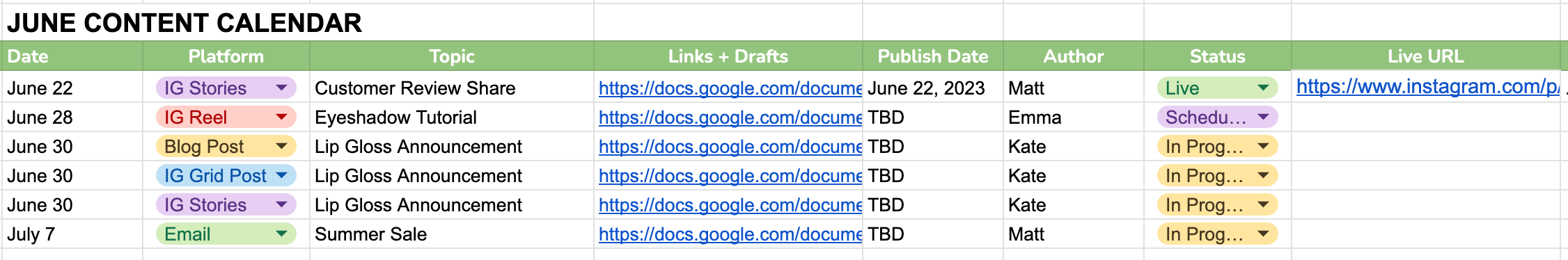 A screenshot from a sample content calendar on Google Sheets for a beauty brand. It is titled June Content Calendar and has 8 columns: date, platform, topic, links and drafts, publish date, author, status, and live URL. It shows 6 entries for sample content pieces with all of the columns filled in for each. 