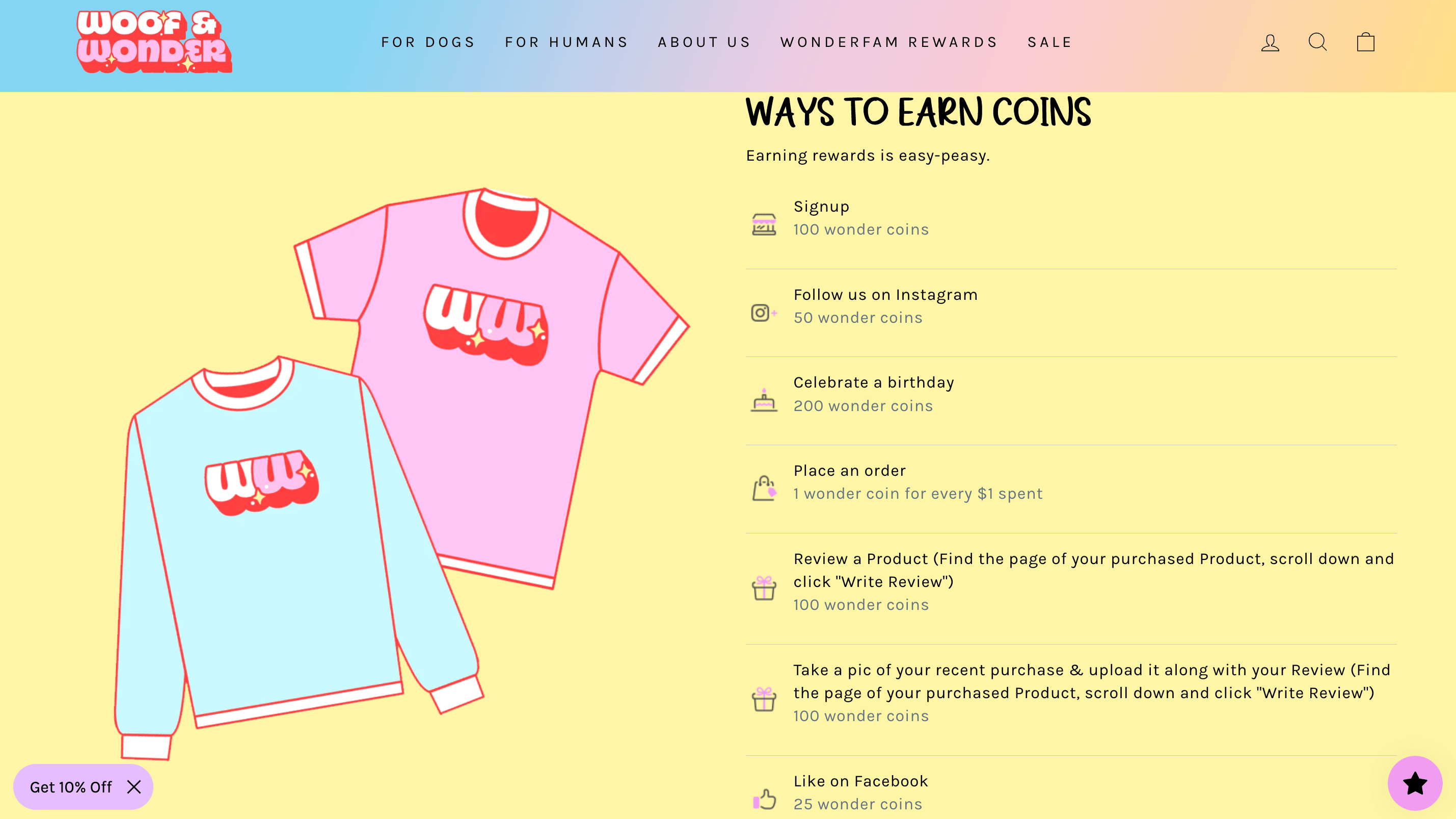 screenshot of woof and wonder rewards "how to earn" page