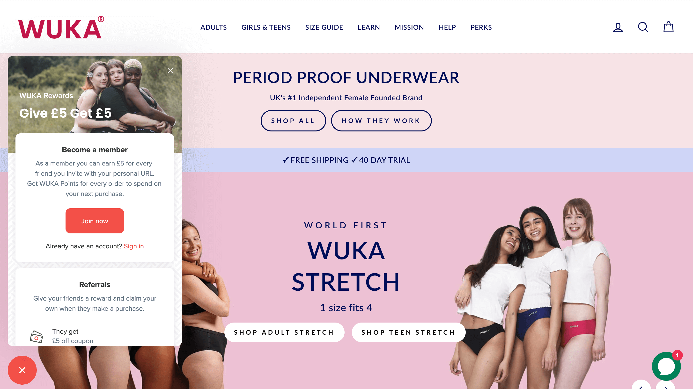 A screenshot from WUKA’s homepage of its website showing the referral rewards program panel. There are images of women wearing the period proof underwear and the message says: WUKA Rewards: Give £5, get £5. 