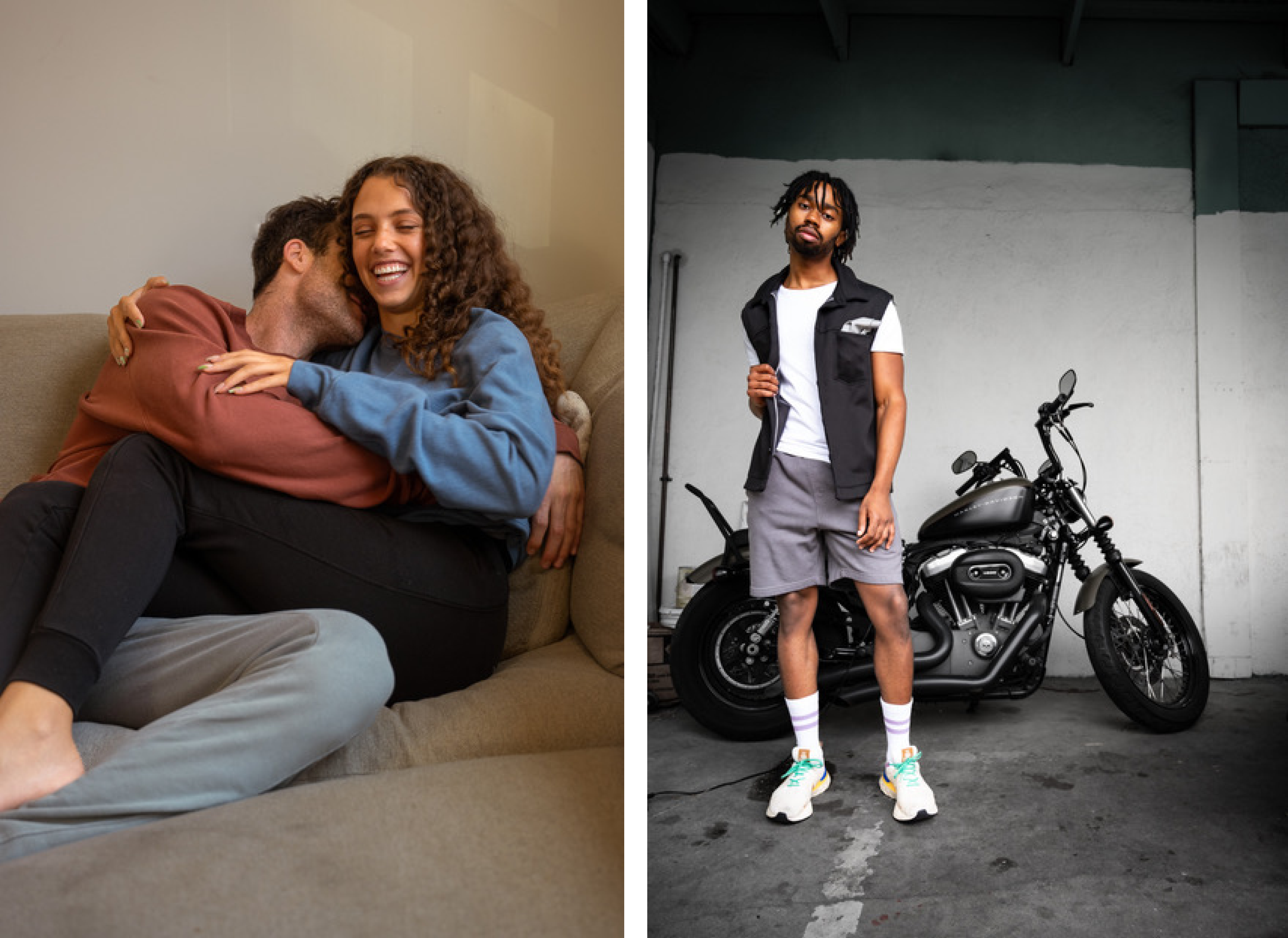 2 images side by side of people wearing XIVI clothing. The first image shows two people smiling, and hugging each other on a brown couch. The woman is wearing black leggings and a baggy blue crewneck sweater. The man is wearing an orange crewneck sweater and light grey sweatpants. The other image shows a man posing in front of a black motorcycle. He is wearing a white T-shirt, a black vest on top, grey shorts, and white crew socks with running shoes.