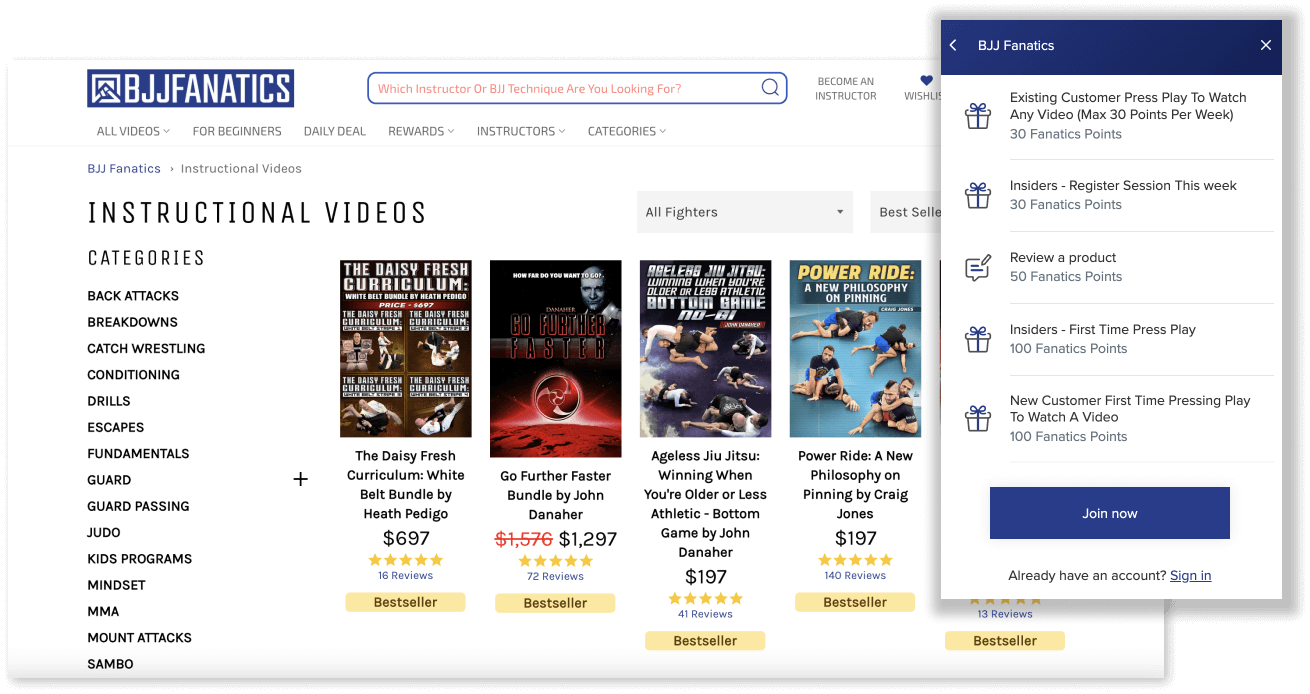 2 screenshots from BJJ Fanatics website. The first screenshot shows the page for All Instructional Videos, with virtual bundles offered at different prices. The second screenshot shows the rewards program panel with all the ways to earn points: existing customer press play to watch any video (max 30 points per week), Insiders - register session this week, review a product, Insiders - first time press play, and new customers first time pressing play to watch a video. 