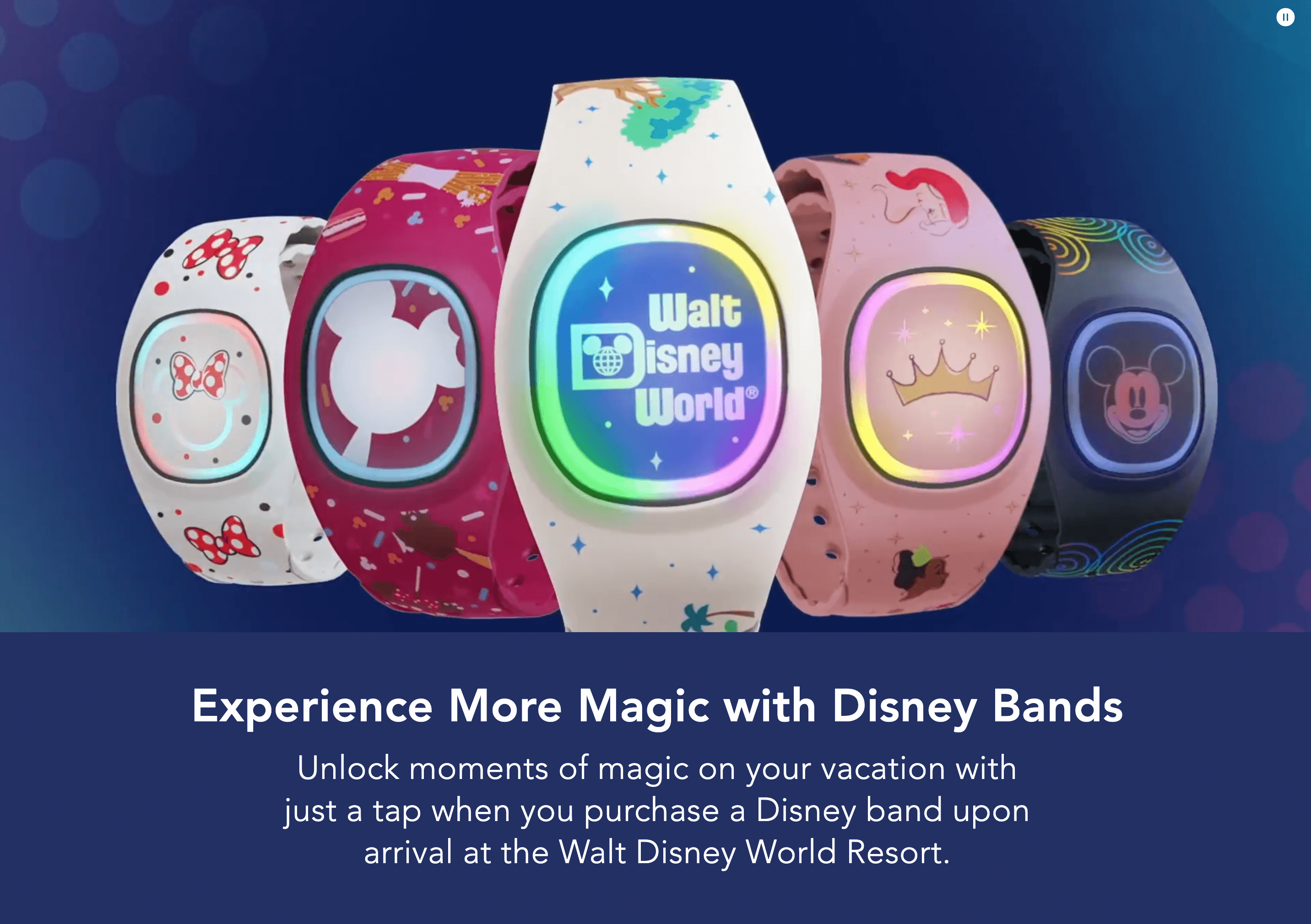 A screenshot from Disney’s website page explaining Disney Bands. There is an image of 5 colorful watch bands decorated with icons like the Mickey and Minnie Mouse ears, a crown, and the Walt Disney World logo. There is text under the image: Experience More Magic with Disney Bands. Unlock moments of magic on your vacation with just a tap when you purchase a Disney band upon arrival at the Walt Disney World Resort. 