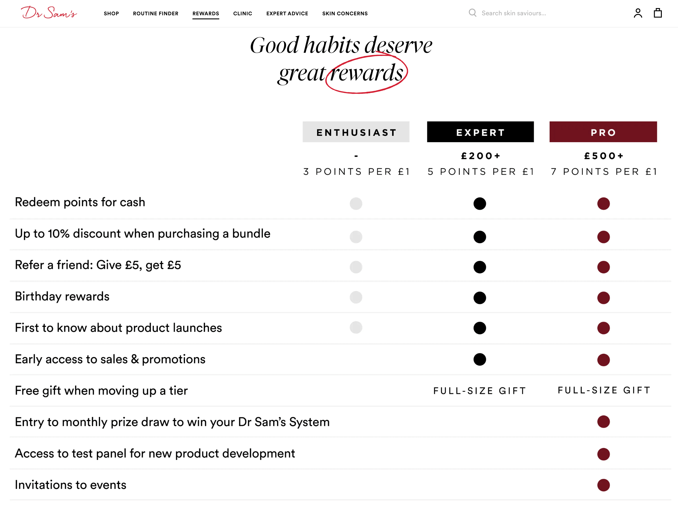 A chart showing the rewards offered to Dr. Sam’s customers in different VIP tiers. There is a combination of discount-based rewards and experience-based rewards. 