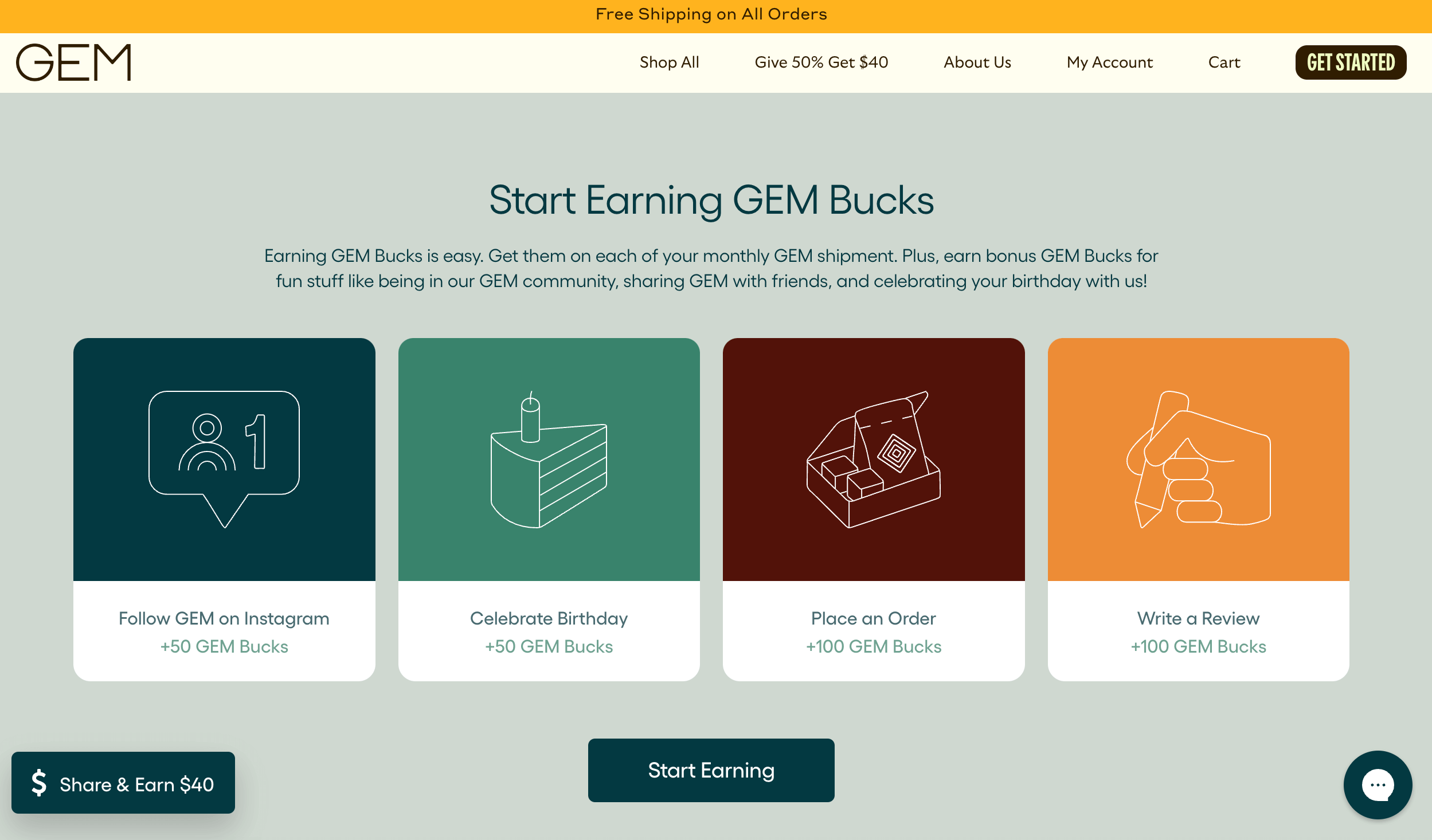 GEM’s rewards program explainer page shows the ways customers earn points including following on Instagram, celebrating a birthday, making a purchase, and writing a review. 