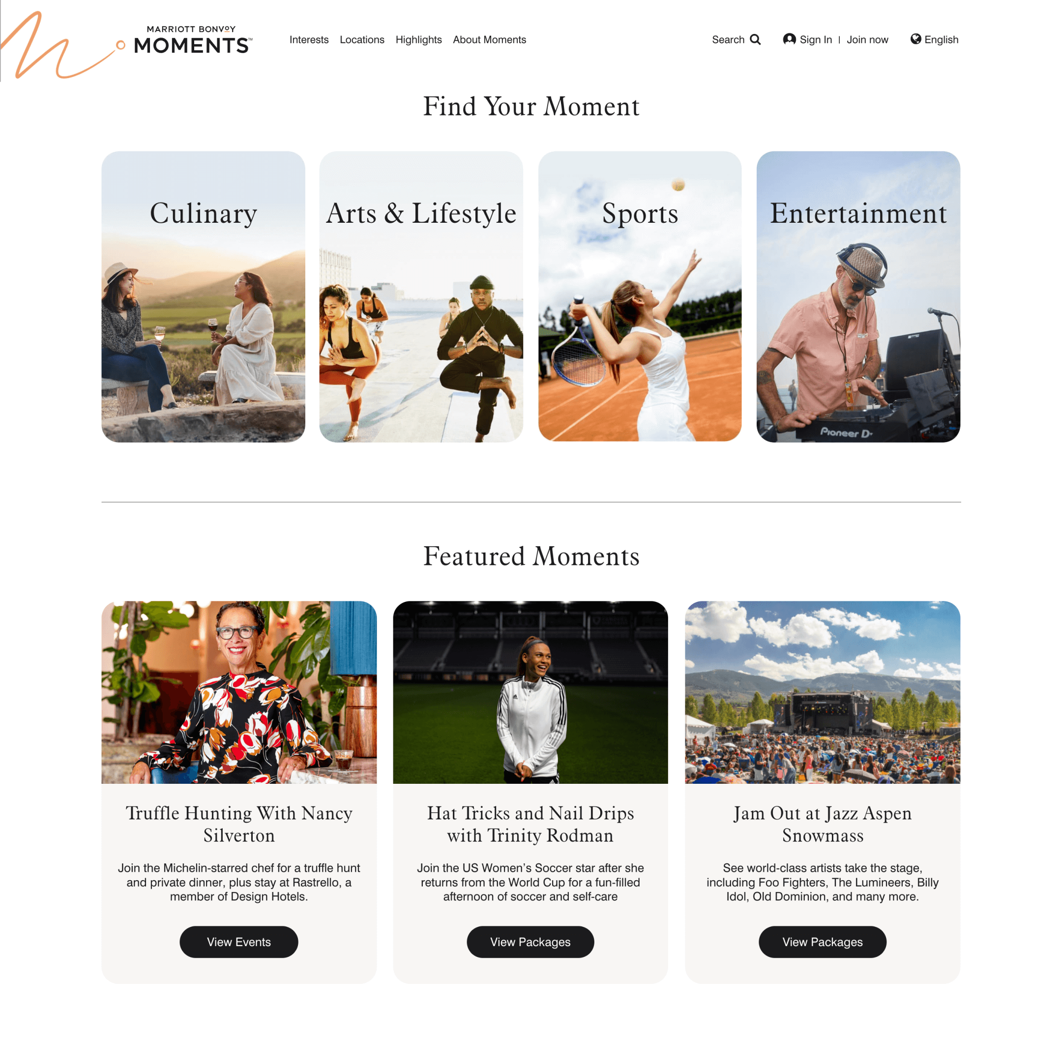 Marriott Bonvoy Moments page showing experience reward categories (Culinary, Arts & Lifestyle, Sports, and Entertainment) and Featured Moments (Truffle Hunting with Nancy Silverton, Hat Tricks and Nail Drops with Trinity Rodman, and Jam Out at Jazz Aspen Snowmass).