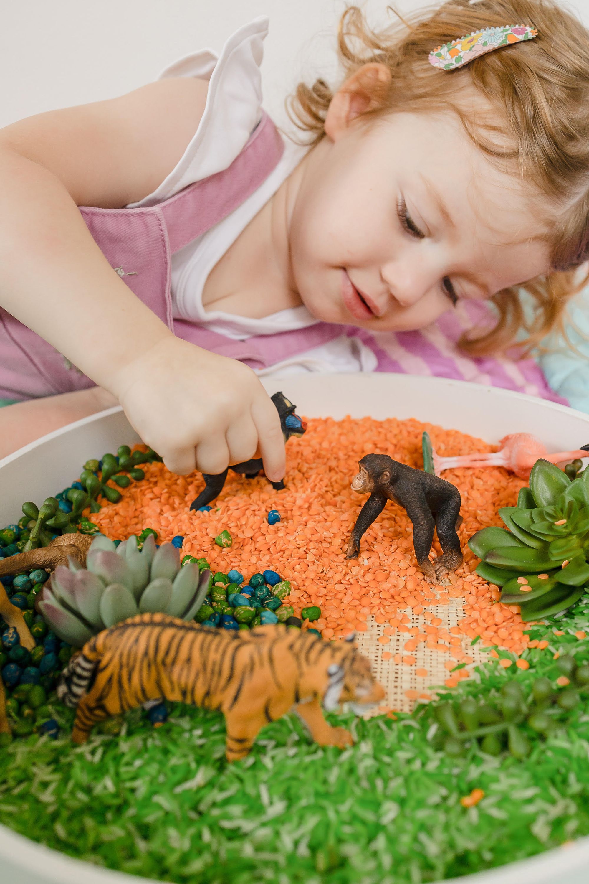 close up of a child playing with mini animal toys and holding up a monkey toy