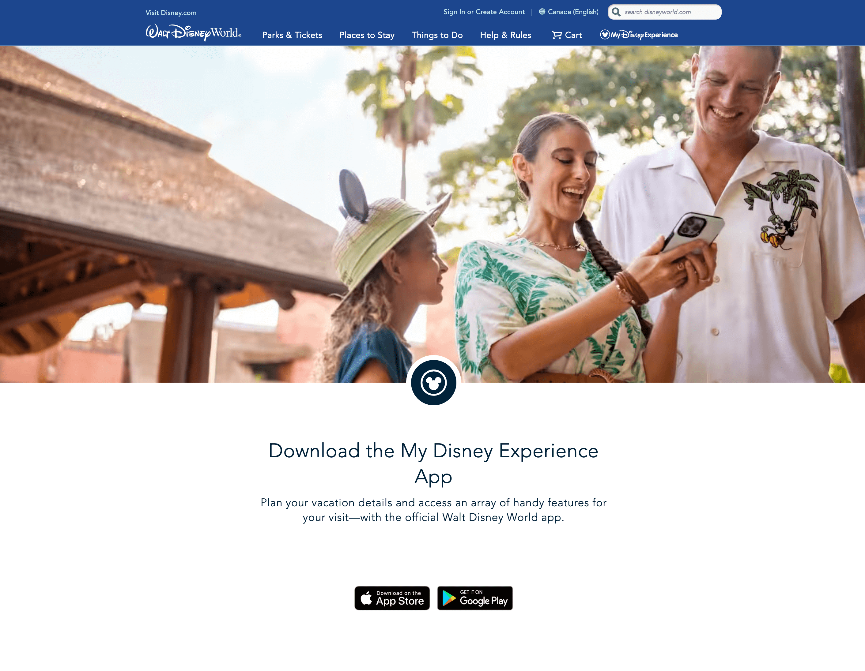 A screenshot of the Disney Bands explainer page on its website. It shows a banner image of 2 parents and a child smiling while looking at a smartphone. The text below says Download the My Disney Experience App. Plan your vacation details and access an array of handy features for your visit—with the official Walt Disney World App. There are CTA buttons to download the app on the Apple App store and Google Play store, respectively. 