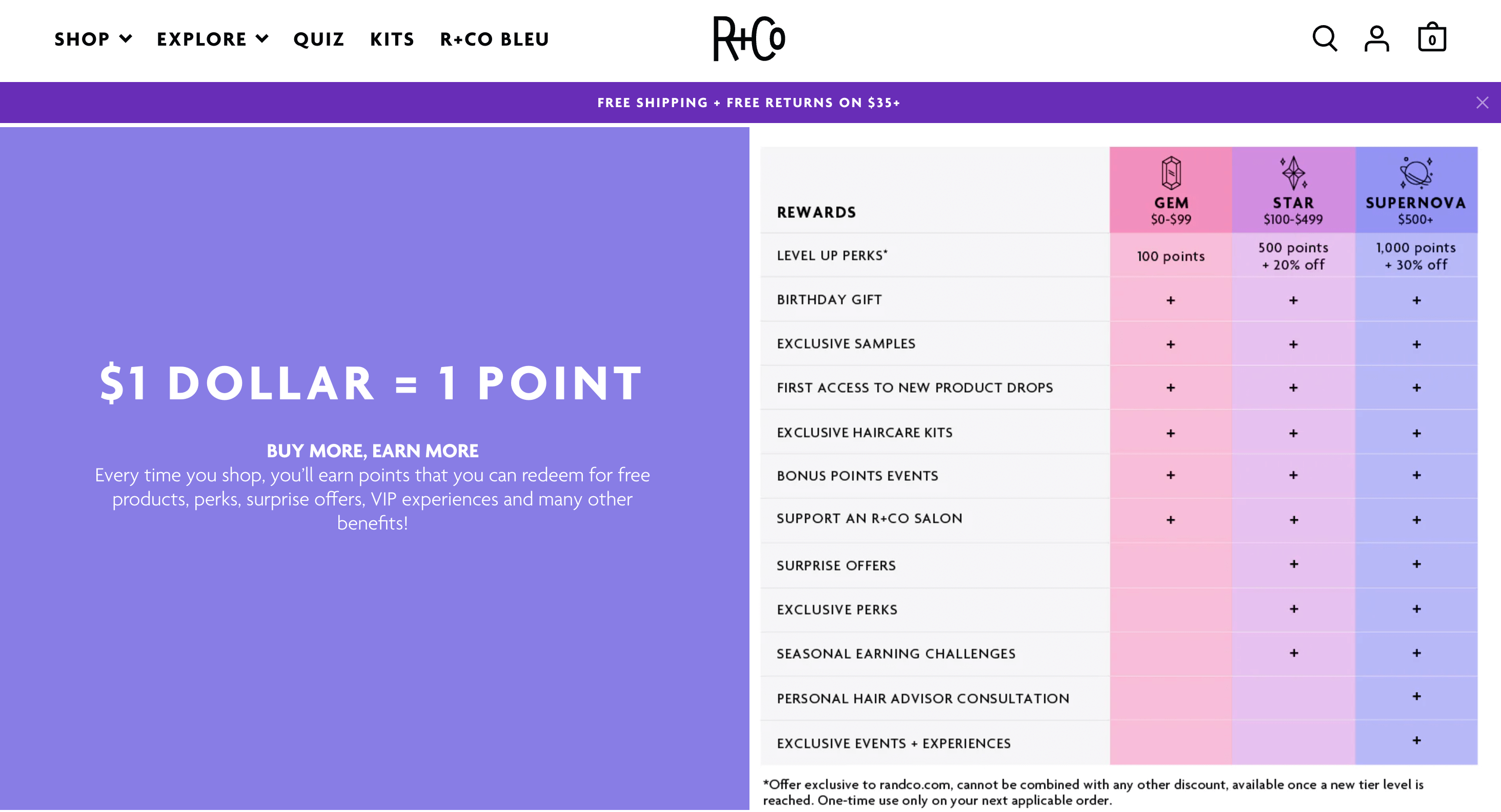 A chart displaying the rewards available to each tier in R+Co’s rewards programs: Gem, Star, and Supernova. 