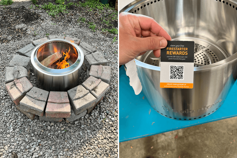 2 images side-by-side showing Solo Stove’s products. The first image is a bird’s eye view of the silver, metal stove with a small fire inside, surrounded by a fire pit made of bricks. The second image is a close-up shot of someone holding the tag attached to the product. The tag has a QR code with explainer text: Claim your free Firestarter Rewards. Scan the QR code to earn 100 points towards free gear. Create your account at solostove.com/#smile-home. 
