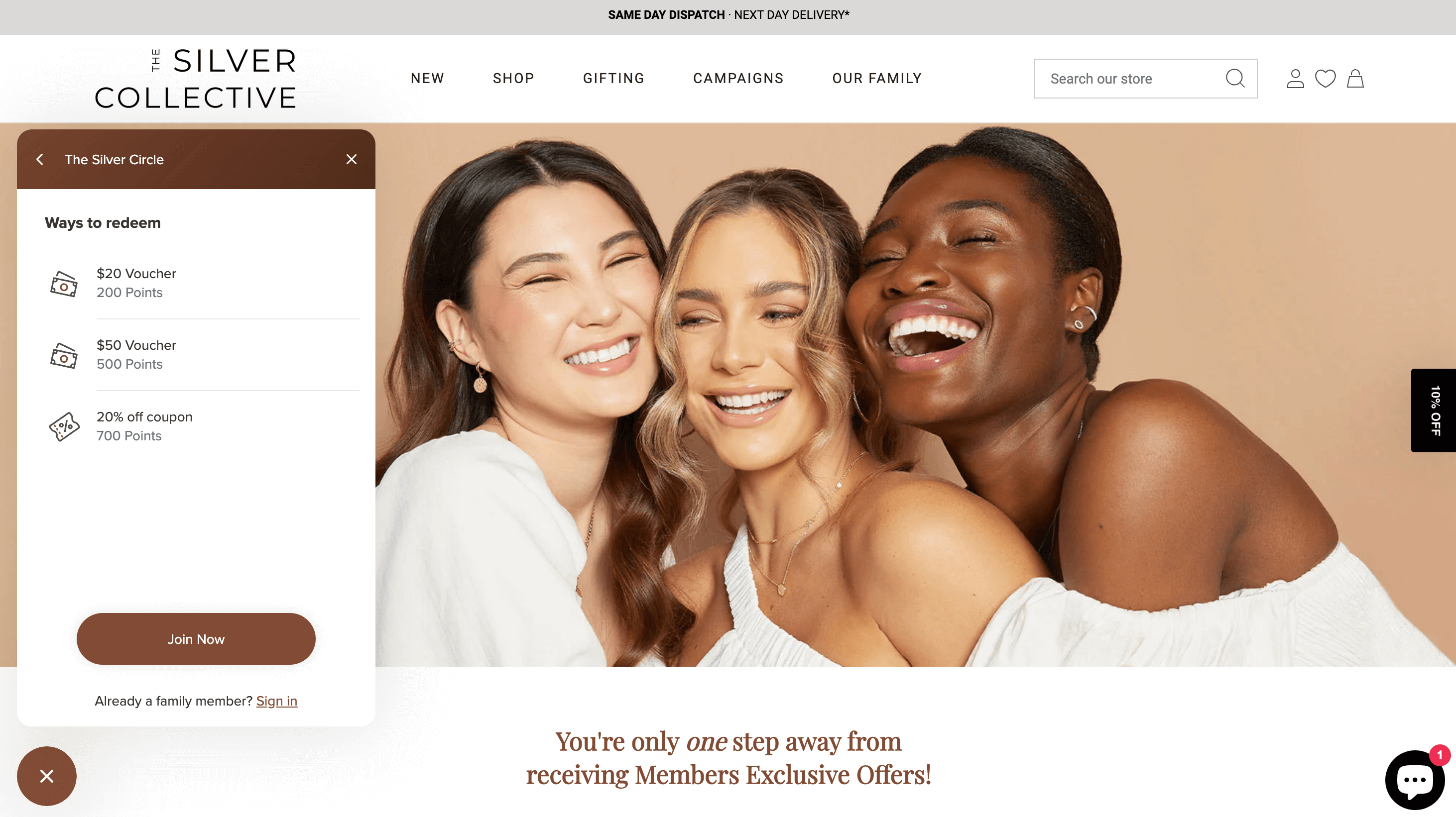 The Silver Collective’s website shows its rewards program pop-up panel. The panel is showing ways to redeem points like amount and percentage-based discounts.