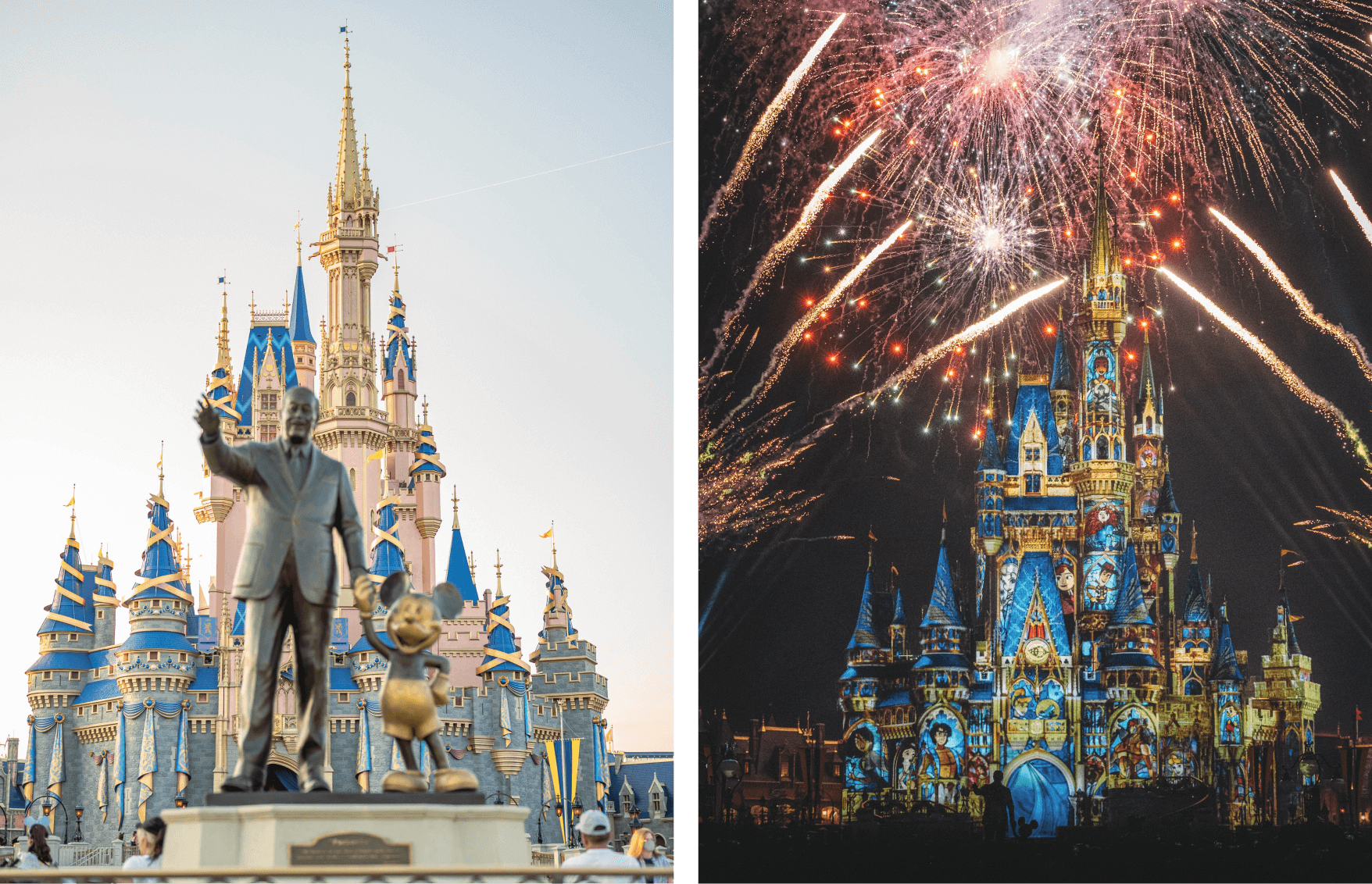2 images showing Cinderella’s Castle in Walt Disney World in Florida, U.S.A. in the daytime and at night. The first image shows the extravagant gold, white, and blue castle in the background with a statue of Walt Disney holding Micke Mouse’s hand in the foreground. The second image shows the castle at night, surrounded by red and gold fireworks. The castle is decorated by a light display showing animations of different iconic Disney characters like Pocahontas, Aladdin, Snow White, Cinderella, Woody, Elsa, Anna, Aurora, and more. 