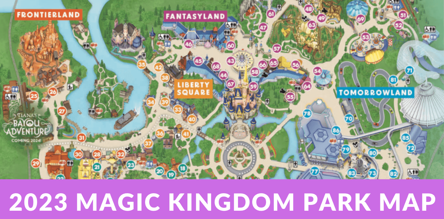 A bird's eye view map of Walt Disney World’s Magic Kingdom park, highlighting main attractions, restaurants, rides, and more. It specifically differentiates the different boroughs in Magic Kingdom by labeling and color-coding their attractions. From left to right the ones visible are Frontierland, Liberty Square, Fantasyland, and Tomorrowland.