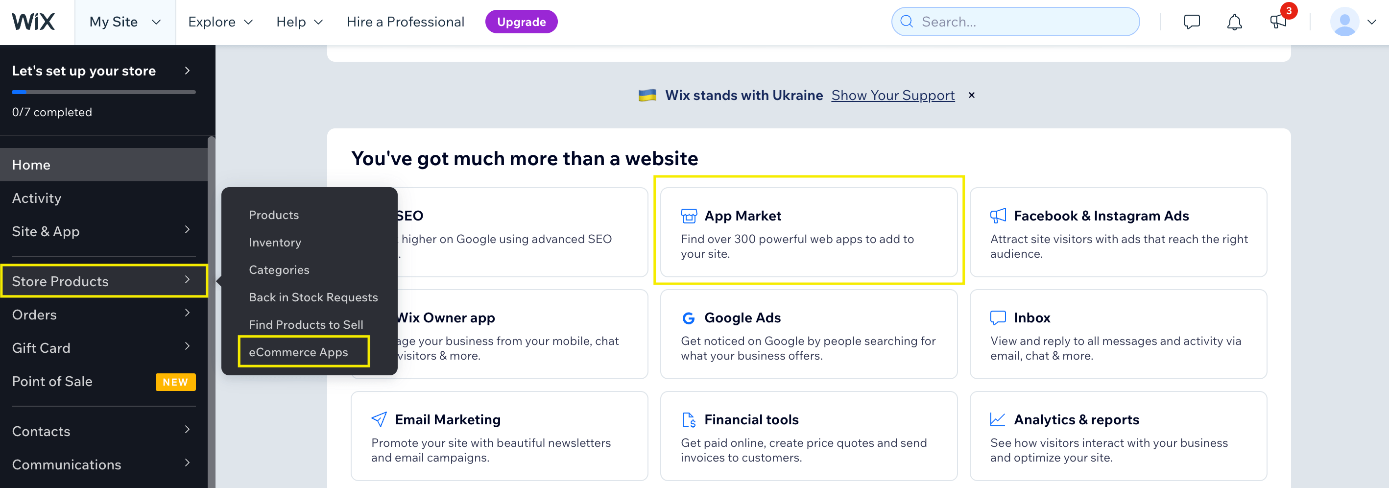 screenshot of how to access the wix app market from a wix dashboard