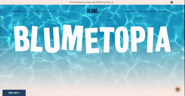 A GIF of the Blumetopia explainer page. It is a scrolling page showing the different parts of the explainer page from the title, ways to join, ways to earn points, ways to redeem rewards, and how to refer friends.