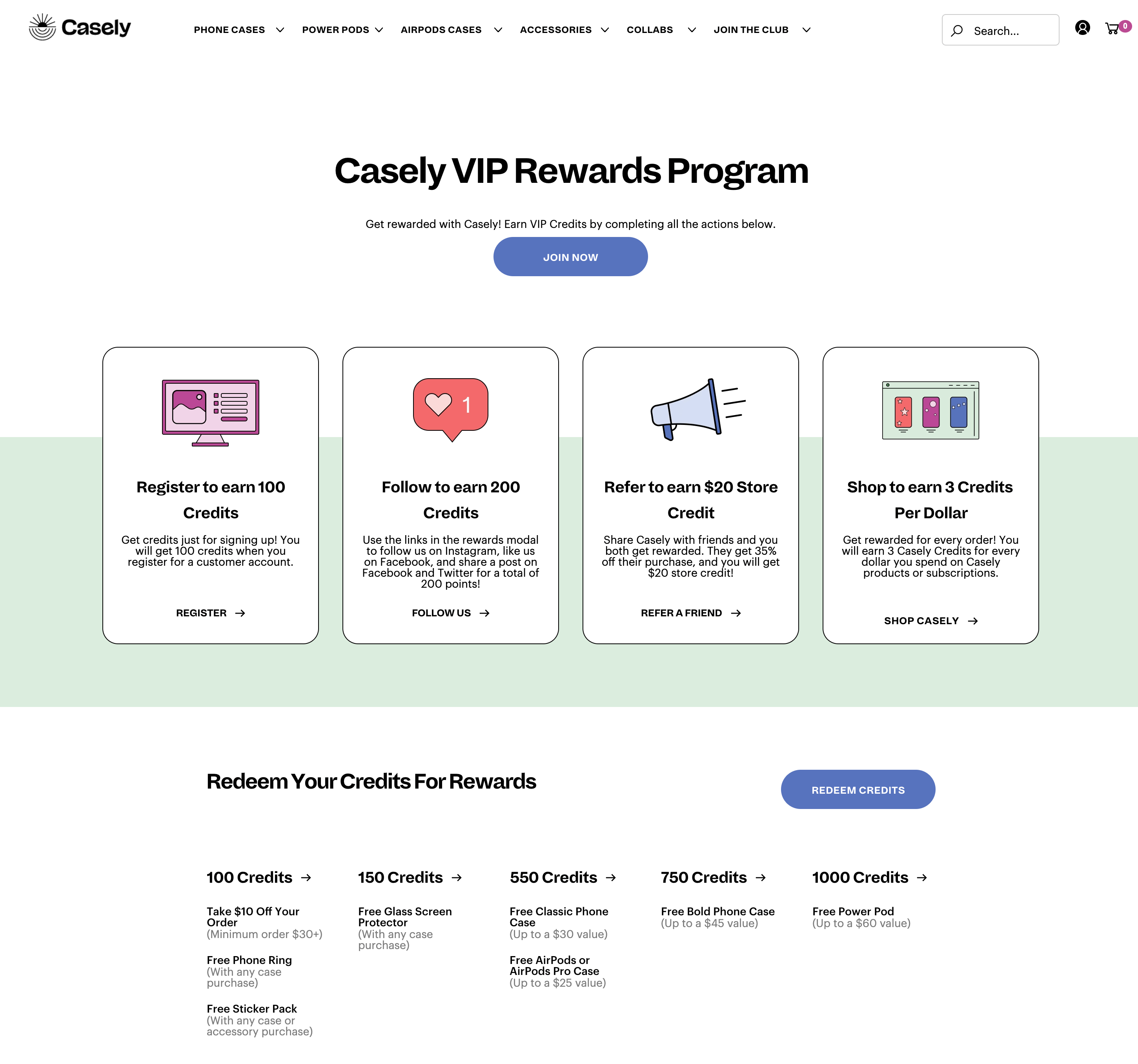 A screenshot of the Casely VIP Rewards Program’s explainer page showing the 4 ways to earn rewards and the various rewards available for certain amounts.