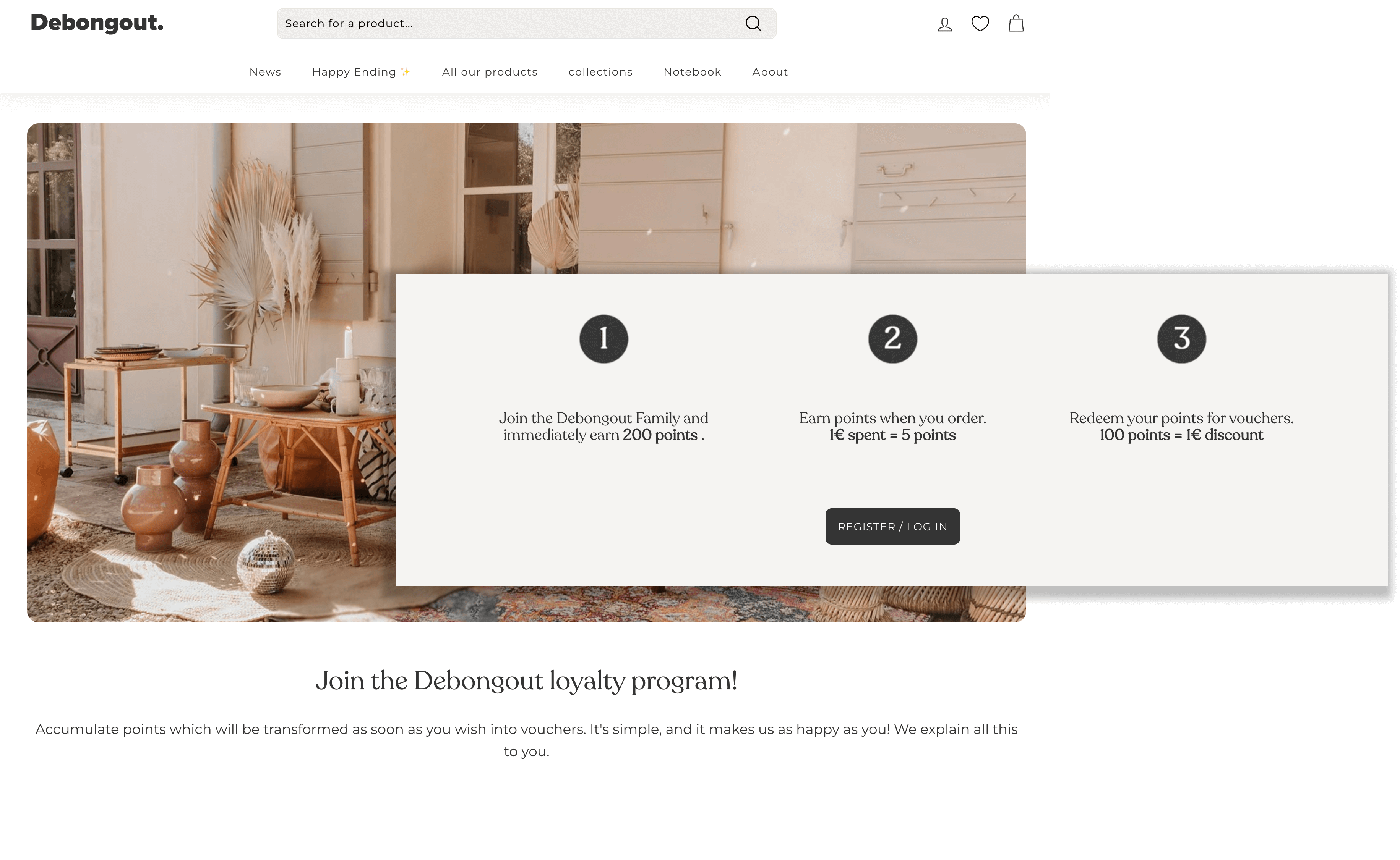 A screenshot of Debongout’s explainer page overlapped with a graphic showing the rewards program process—signing up, earning points for purchases, and redeeming them for discounts.