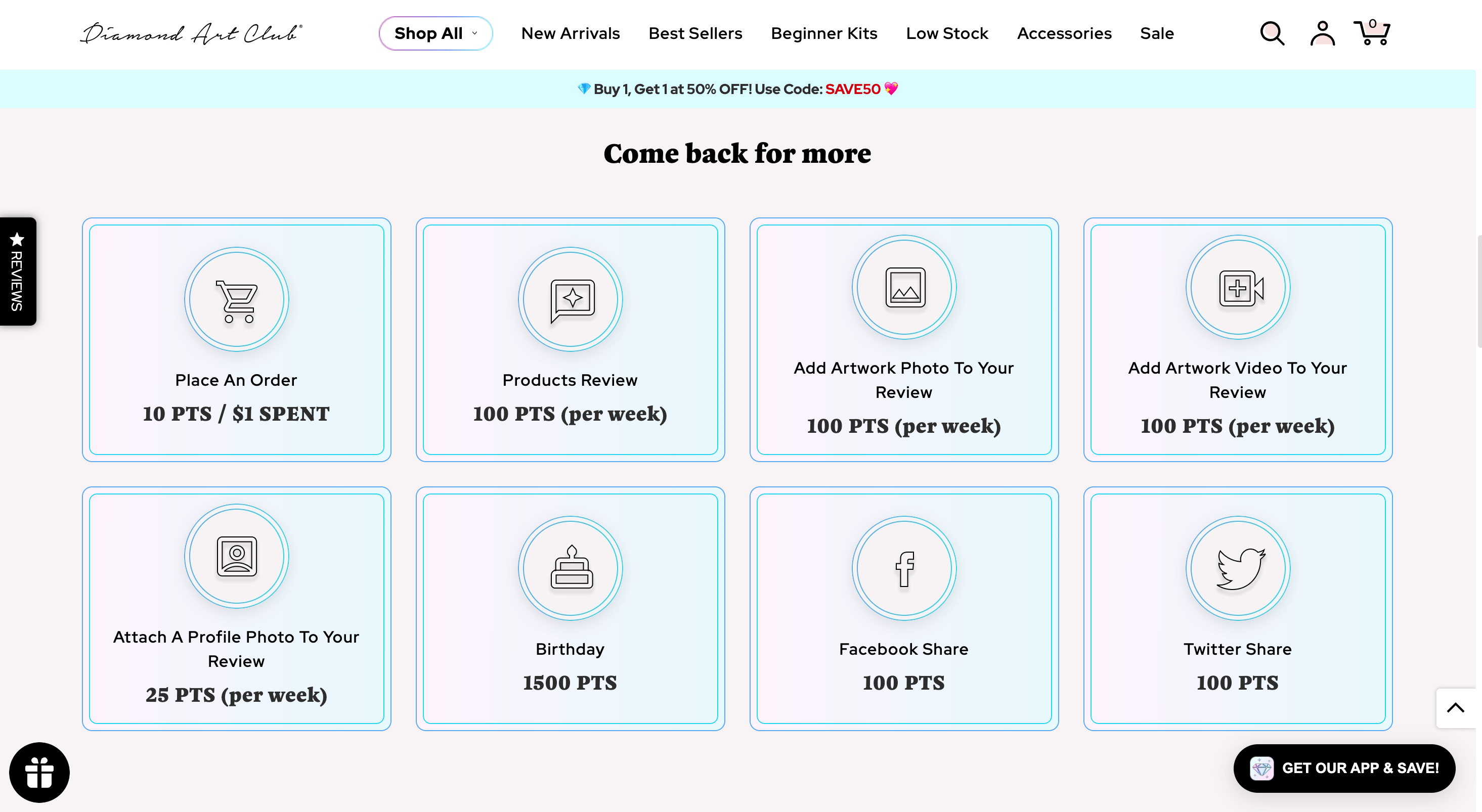 A screenshot of the Diamond Art Club Insider Rewards explainer page showing a grid of icons demonstrating the different ways to earn points and how much each action is worth.