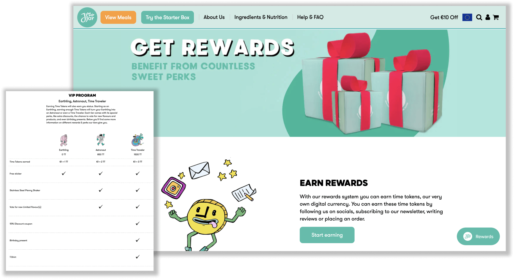 A screenshot from Jimmy Joy’s rewards program explainer page, overlapped by an image showing its VIP tiers and the rewards available for each tier.
