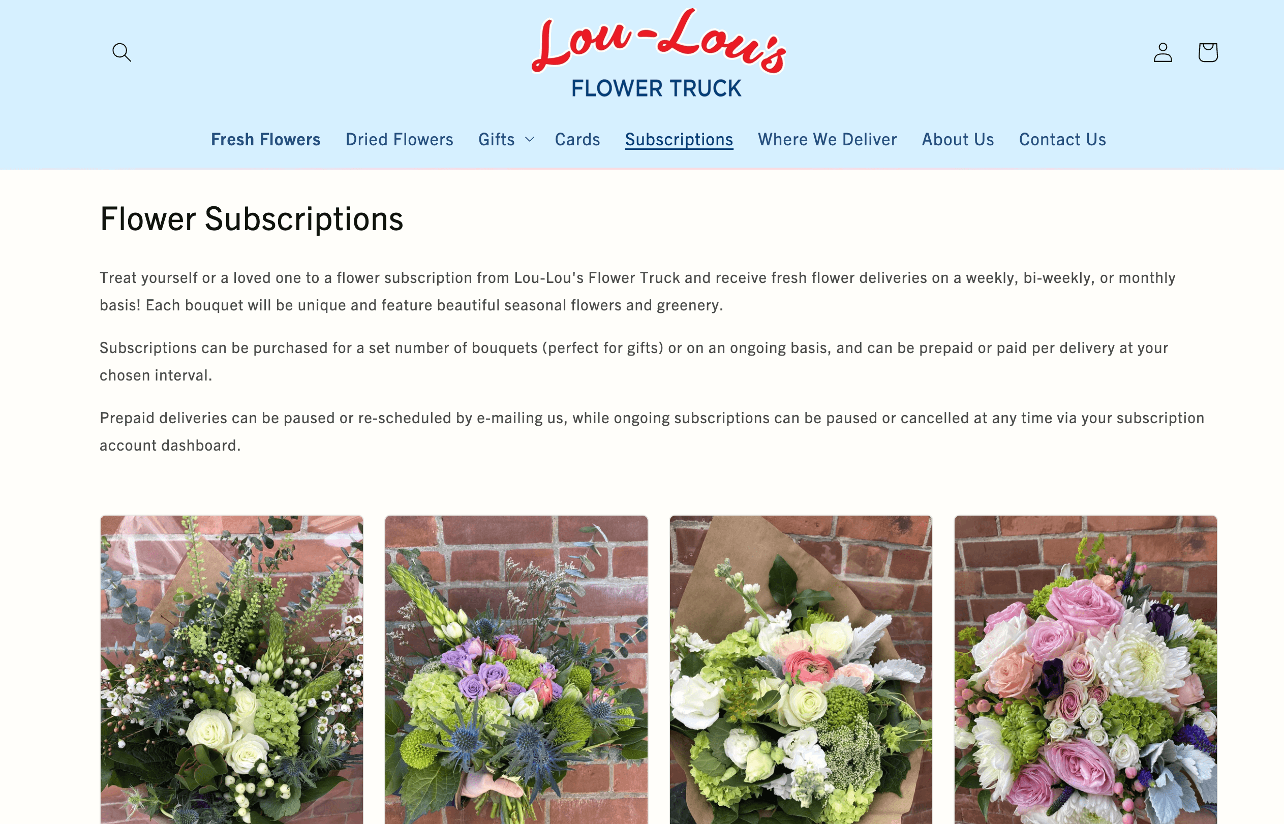 screenshot of lou-lou's flower trucks subscription service webpage