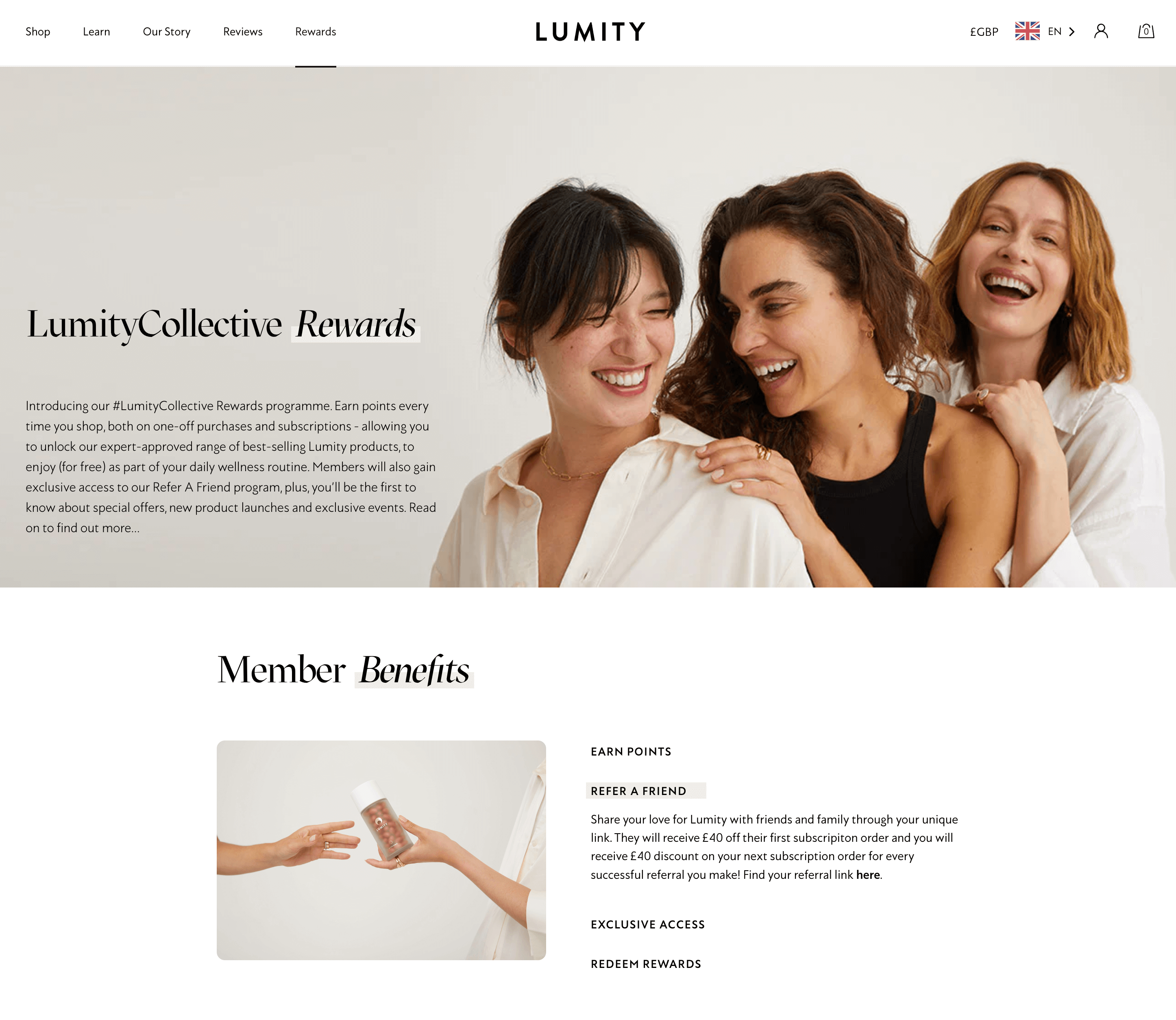 A screenshot of Lumity’s LumityCollective Rewards program explainer page, showing the referral program details offering £40 for each party.