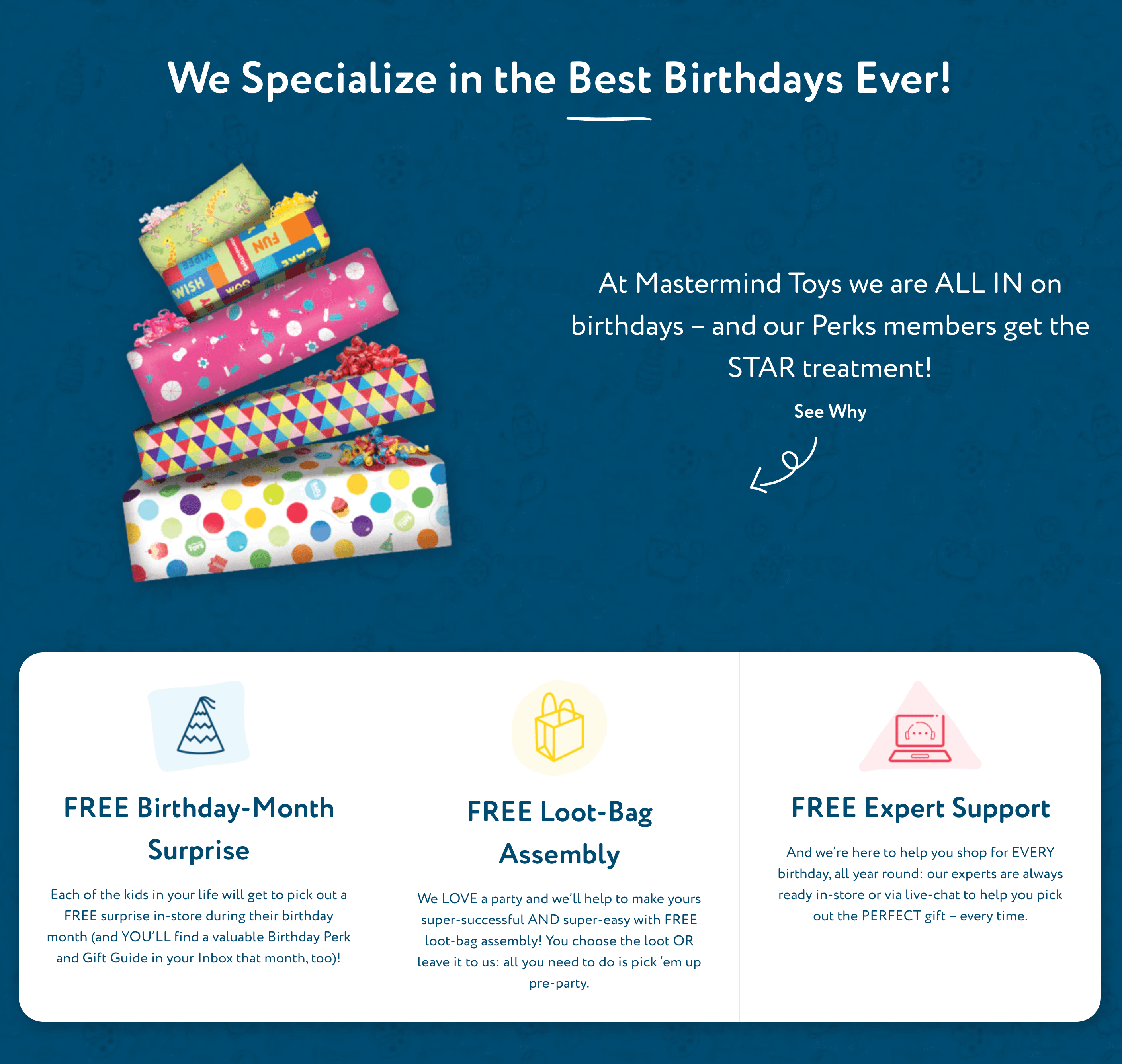 A screenshot from Mastermind Toys’ Perks rewards program explainer page. It is titled “We Specialize in the Best Birthdays Ever!” and lists three birthday benefits—free birthday-month surprises, free loot-bag assembly, and free expert support.