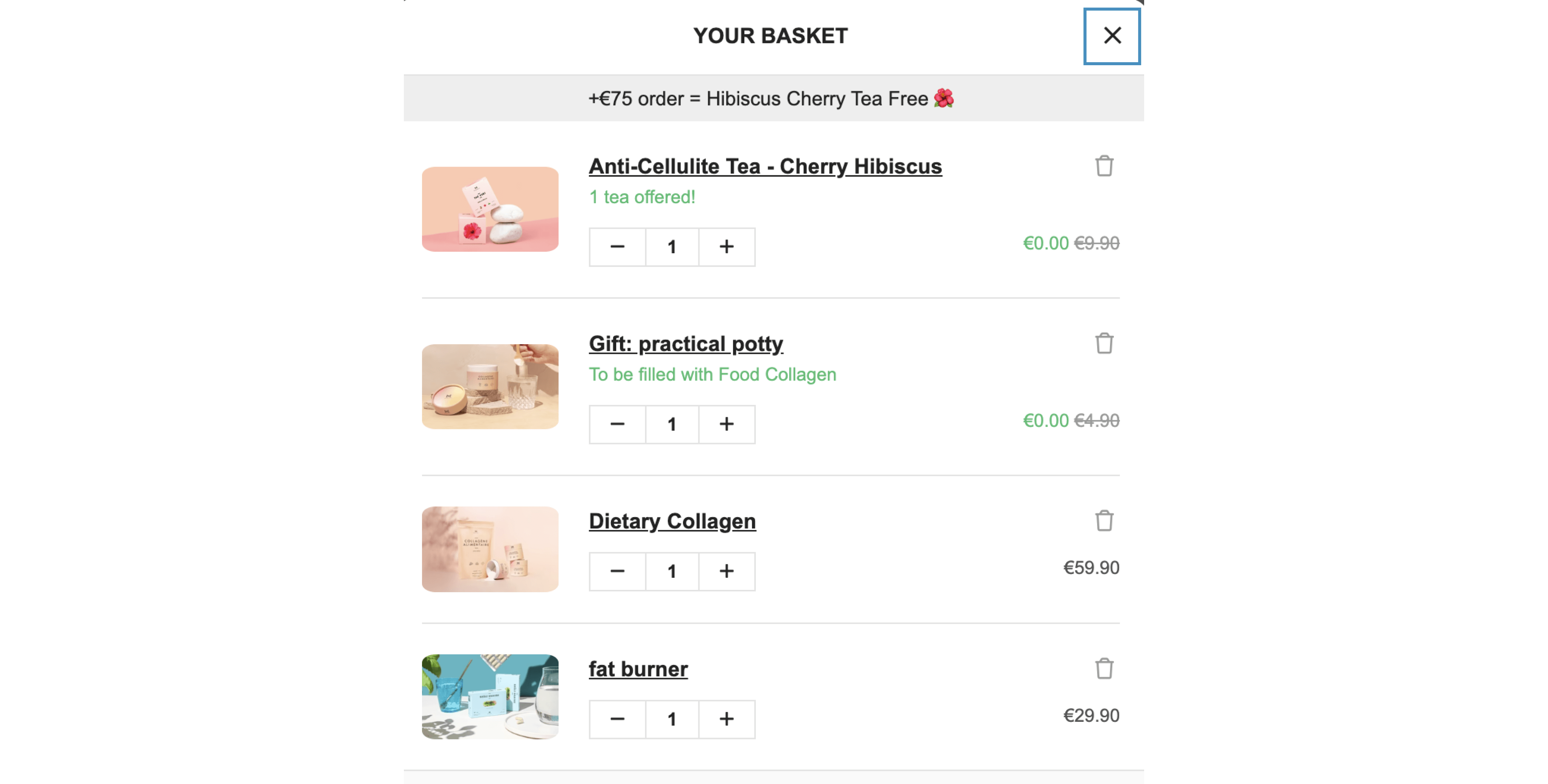 A screenshot of the basket page on Miniweight’s website. In this image, the customer has added the Fat Burner and Dietary Collagen products to their cart and was rewarded with the Anti-Cellulite Tea and Practical Potty as a gift. 
