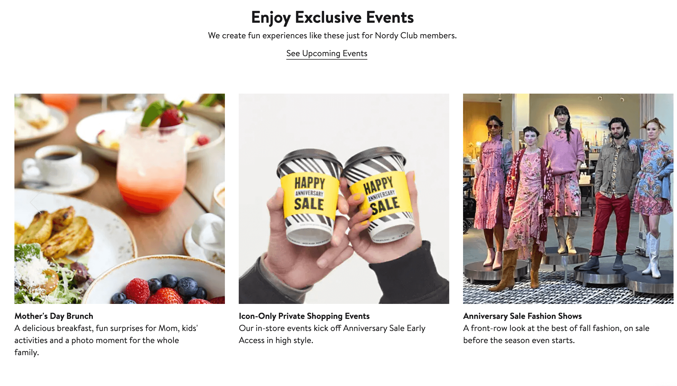 A screenshot from Nordstrom’s Nordy Club loyalty program explainer page showing the exclusive event rewards offered.