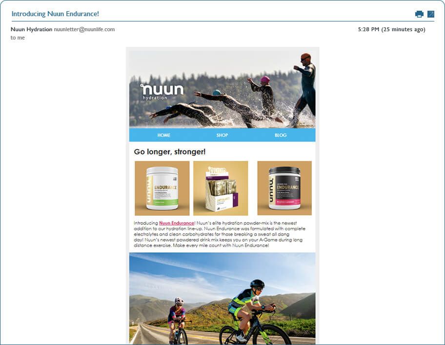 An email example from wellness brand Nuun, for its endurance athlete segment. The subject line is Introducing Nuun Endurance! The email shows various products in its Endurance line. 