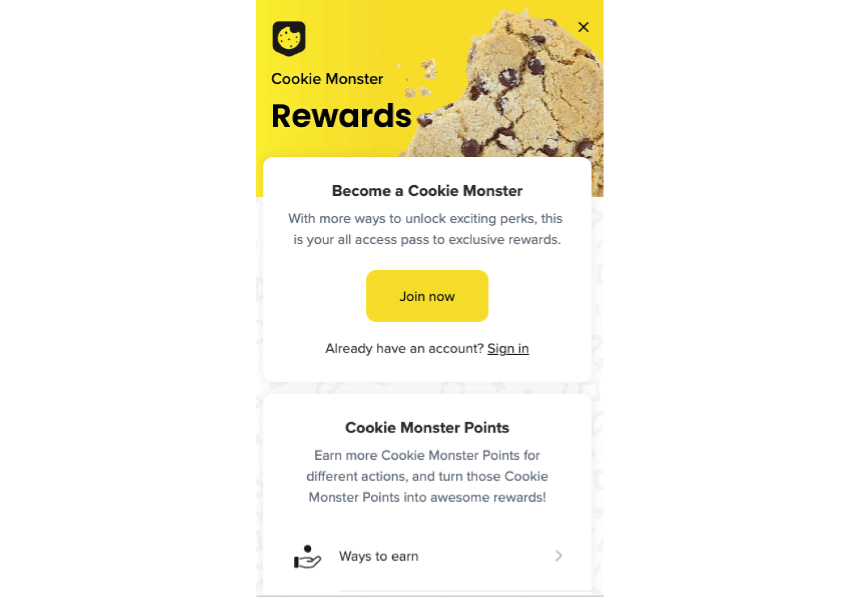 PNW Cookies rewards program panel showing an image of a chocolate chip cookie on a bright yellow background. The CTA is "Become a Cookie Monster" and the points section title is "Cookie Monster Points". 