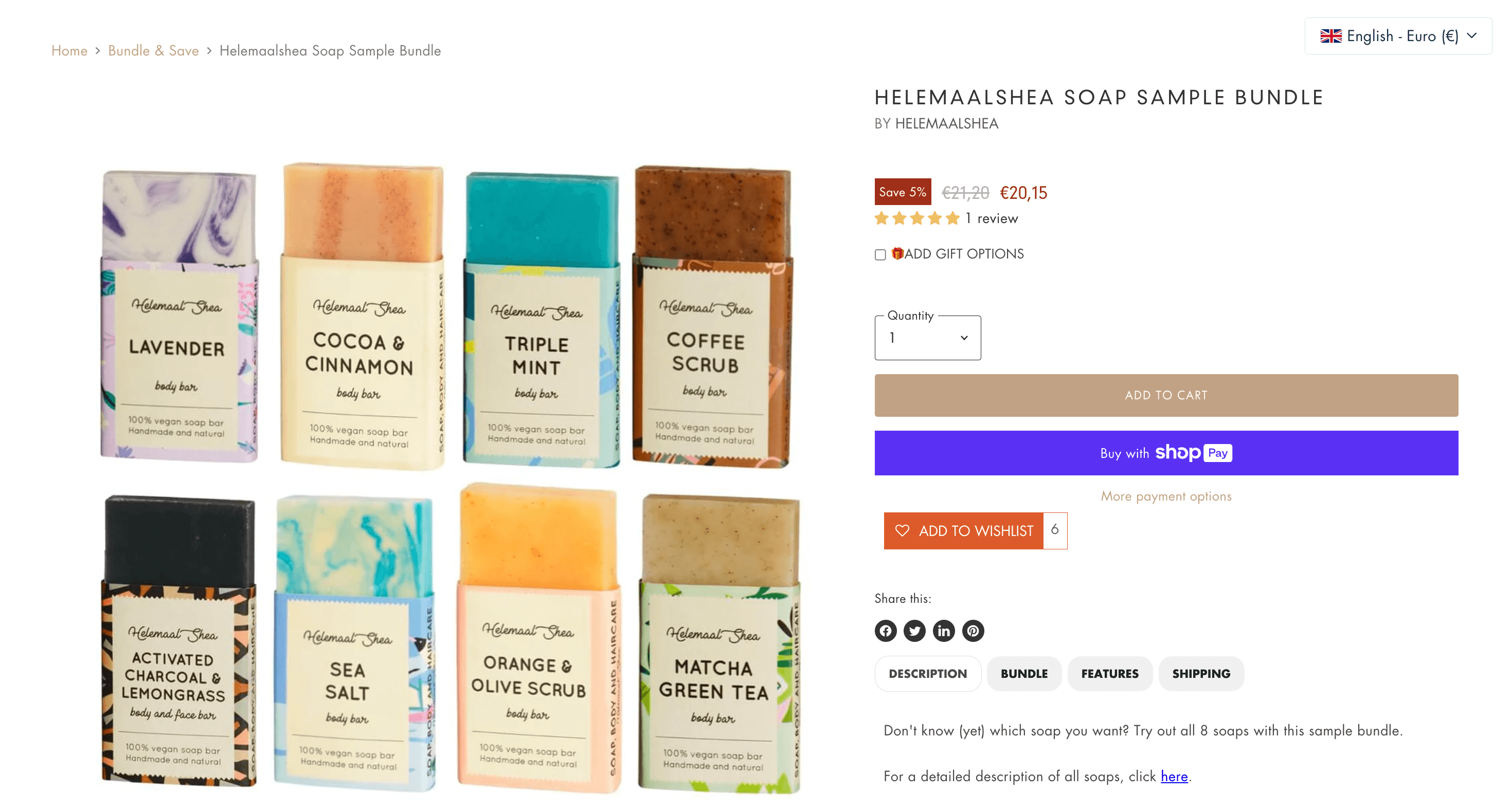 A screenshot of Plastic Free Amsterdam’s product page for its Helemaalshea Soap Sample Bundle. There are 8 different scented soaps and there is a red badge next to the price that says Save 5%. The original price of €21.20 is crossed out and a new price is listed in red: €20.15. 