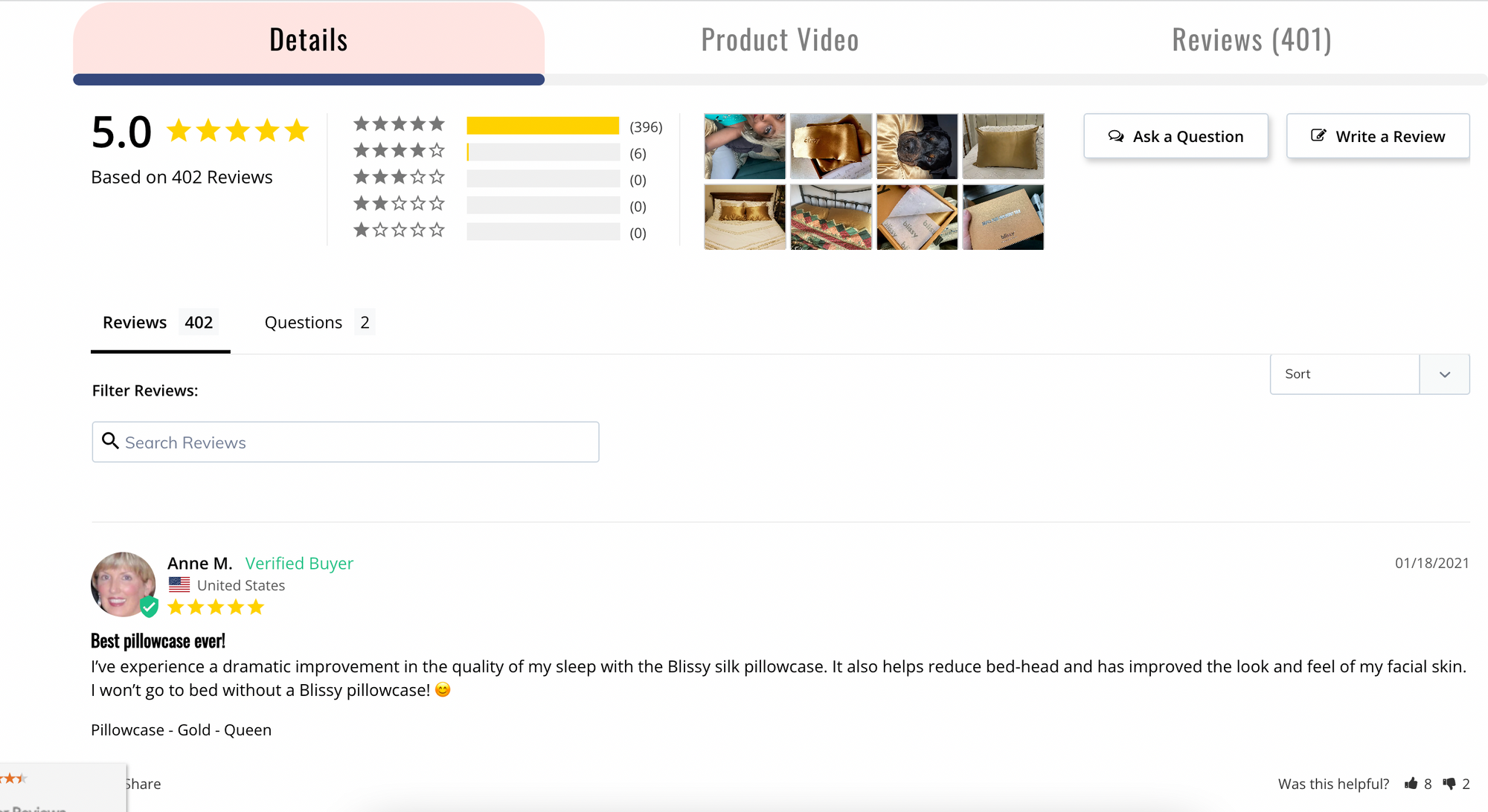 screenshot of ecommerce brand with reviews on product page