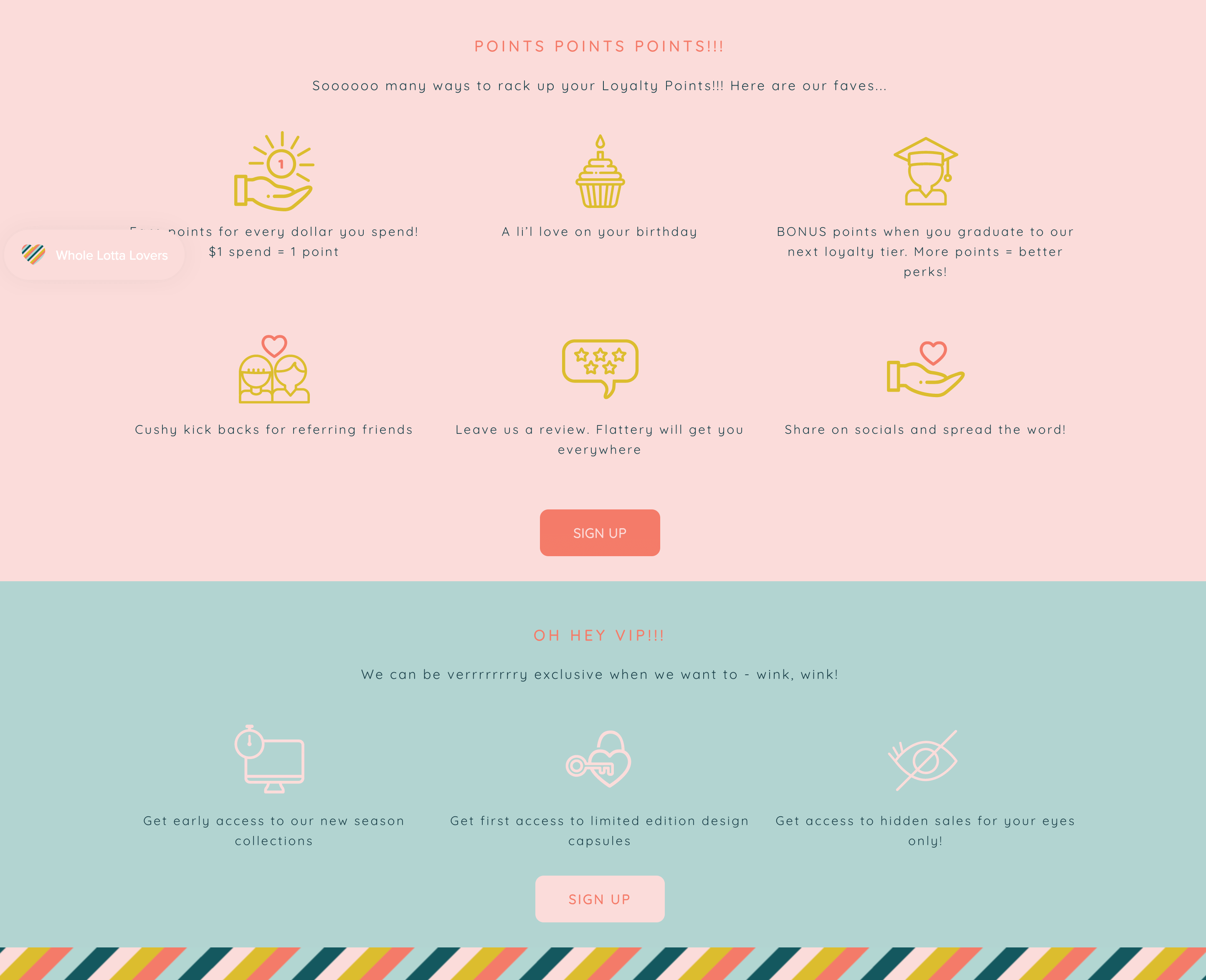 A screenshot from Sage x Clare’s rewards program explainer page showing the ways to earn points and a brief explanation of the VIP program benefits.