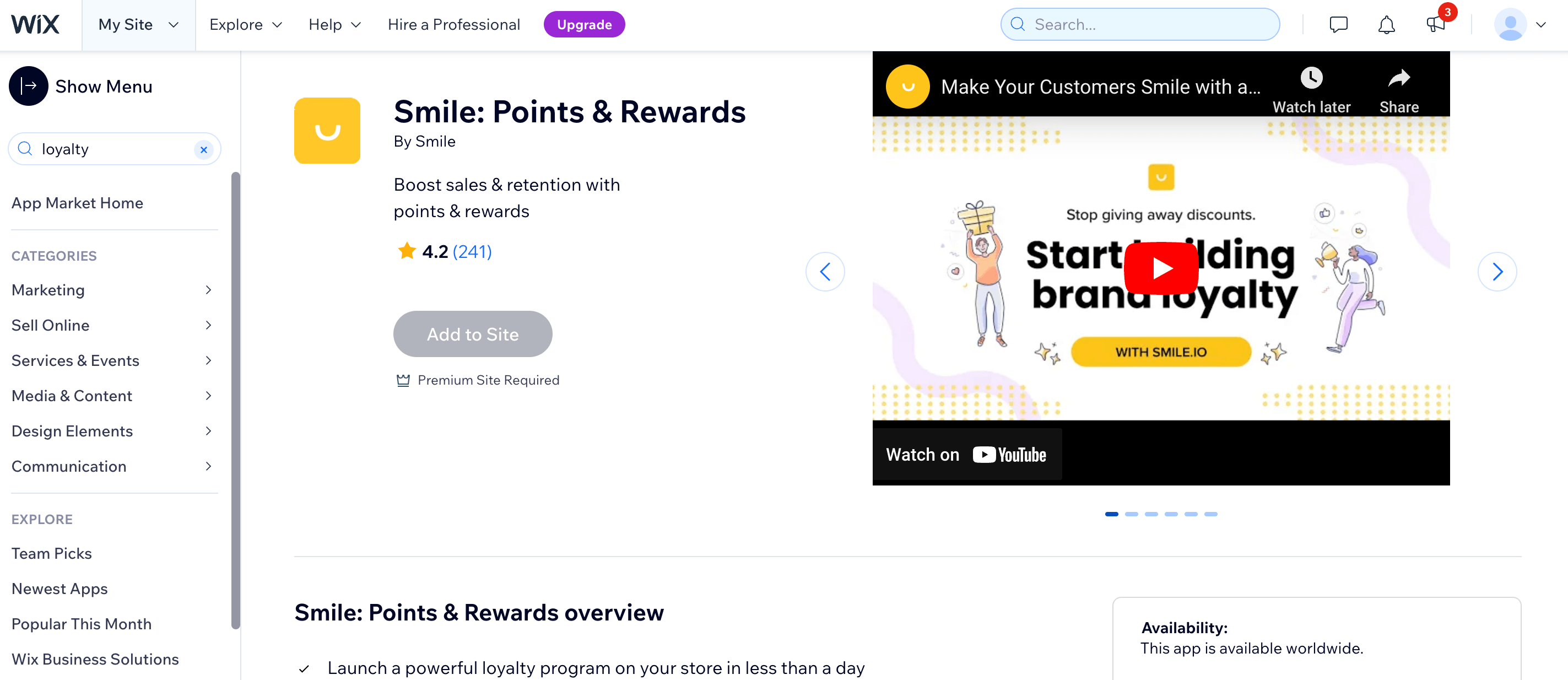 screenshot of smile.io app on the wix app market