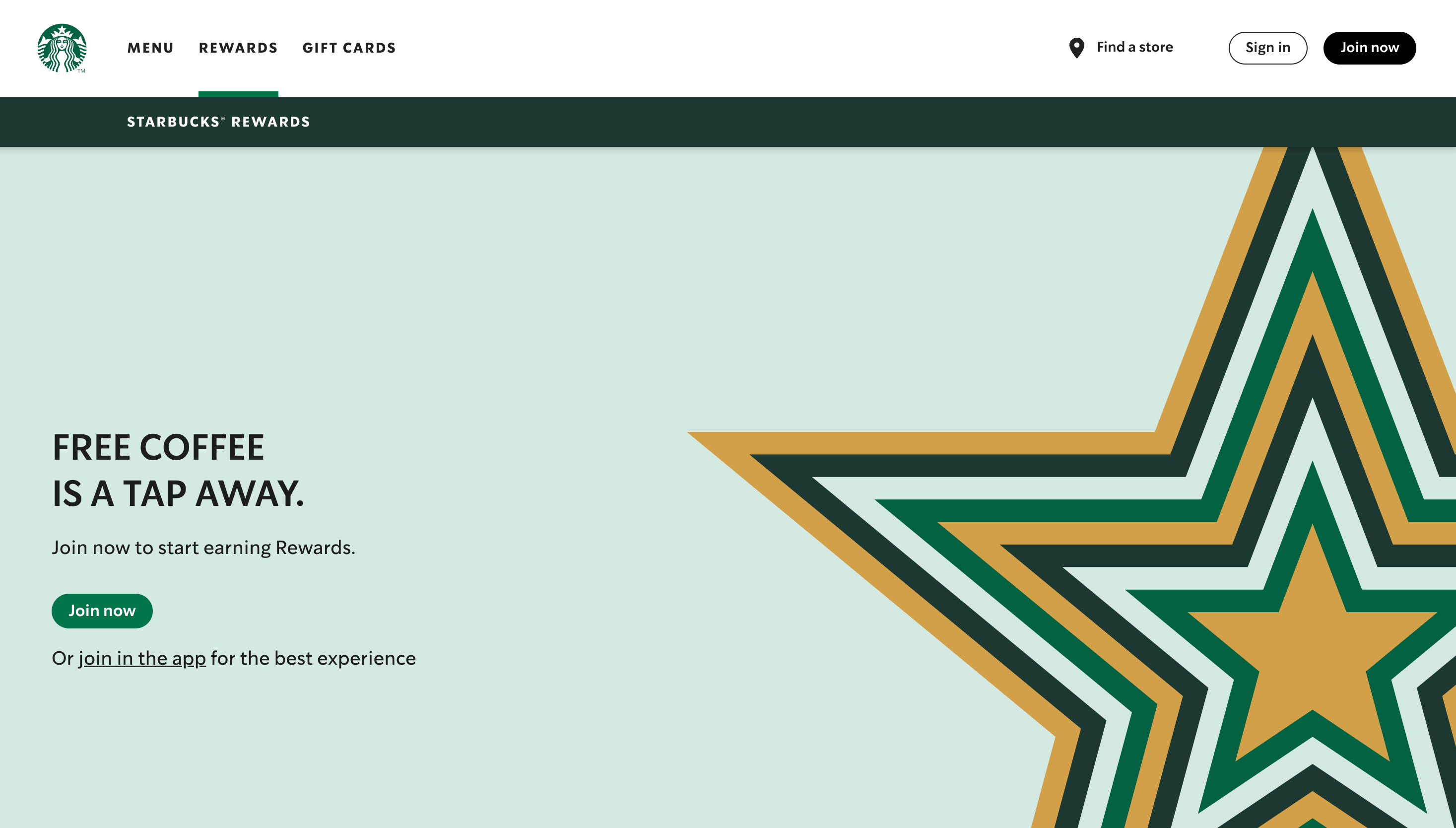 A screenshot from Stabucks’ rewards program explainer page with a call to action to join the program.