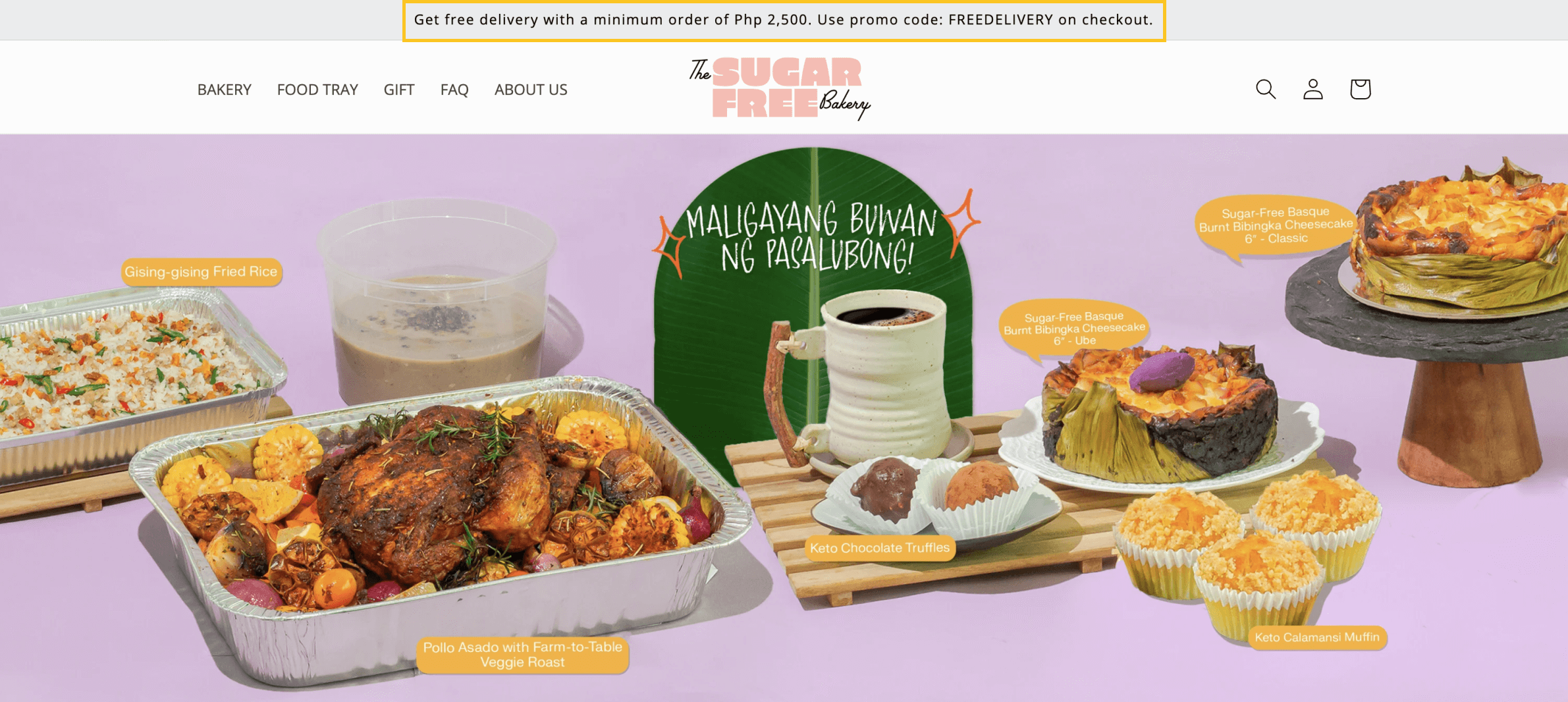 A screenshot of The Sugar Free Bakery’s homepage showing a banner that reads: Get free delivery with a minimum order of Php 2,500. Use promo code: Free Delivery on checkout. 
