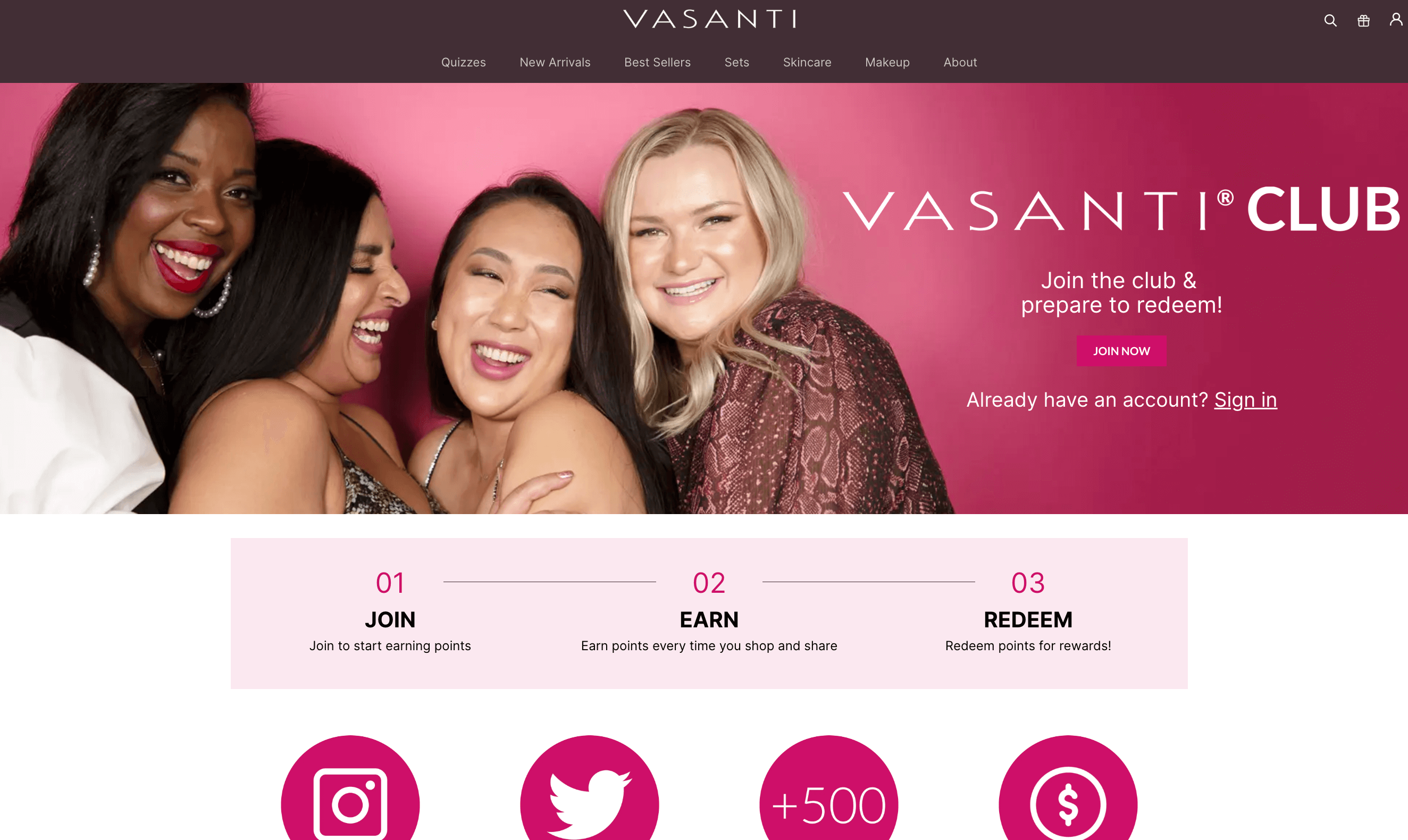 screenshot of ecommerce brand Vasanti loyalty program page