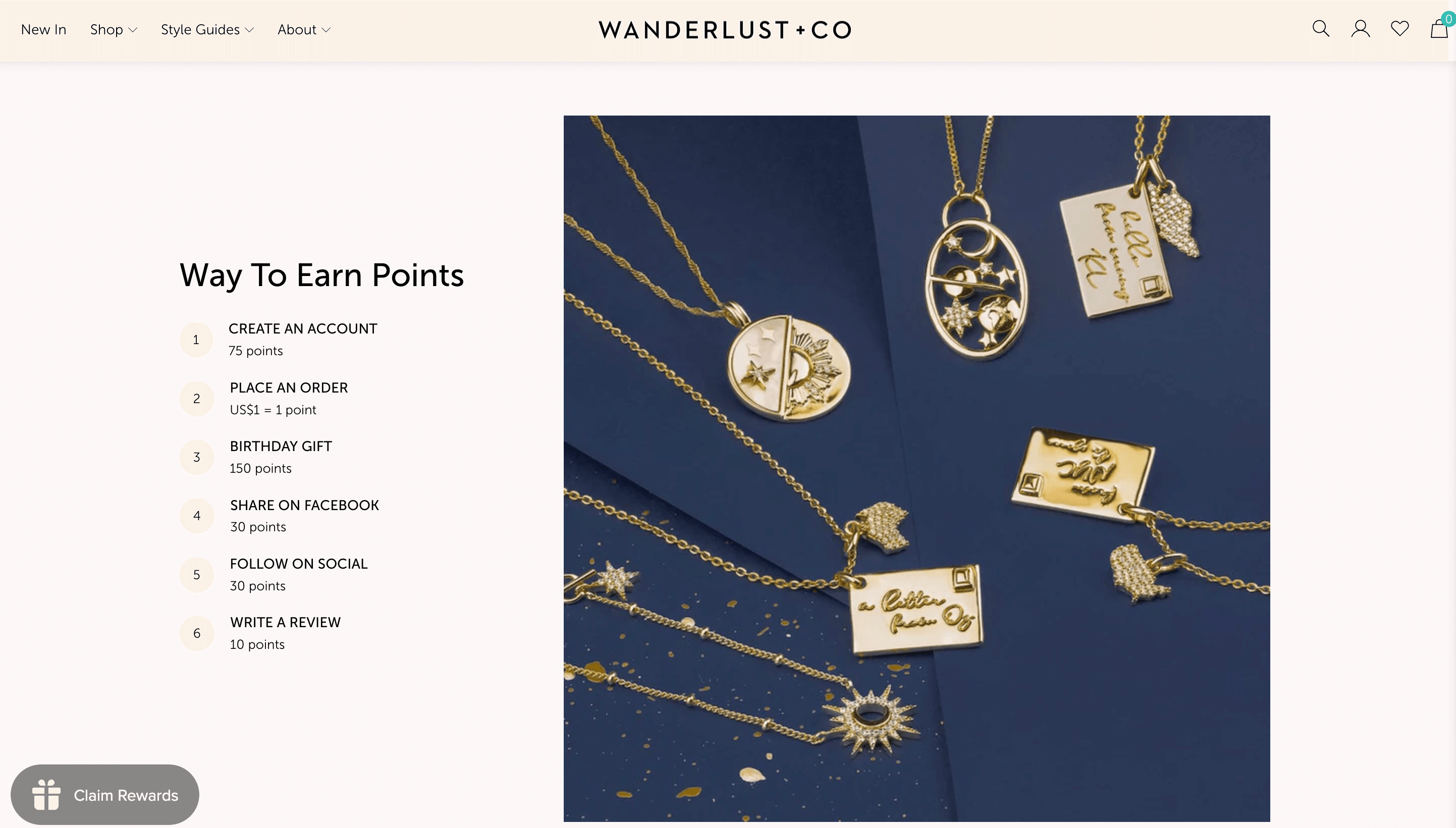 A screenshot from Wanderlust + Co’s rewards program explainer page showing the 6 ways to earn points including creating an account, making purchases, celebrating a birthday, sharing on social media, or writing reviews.