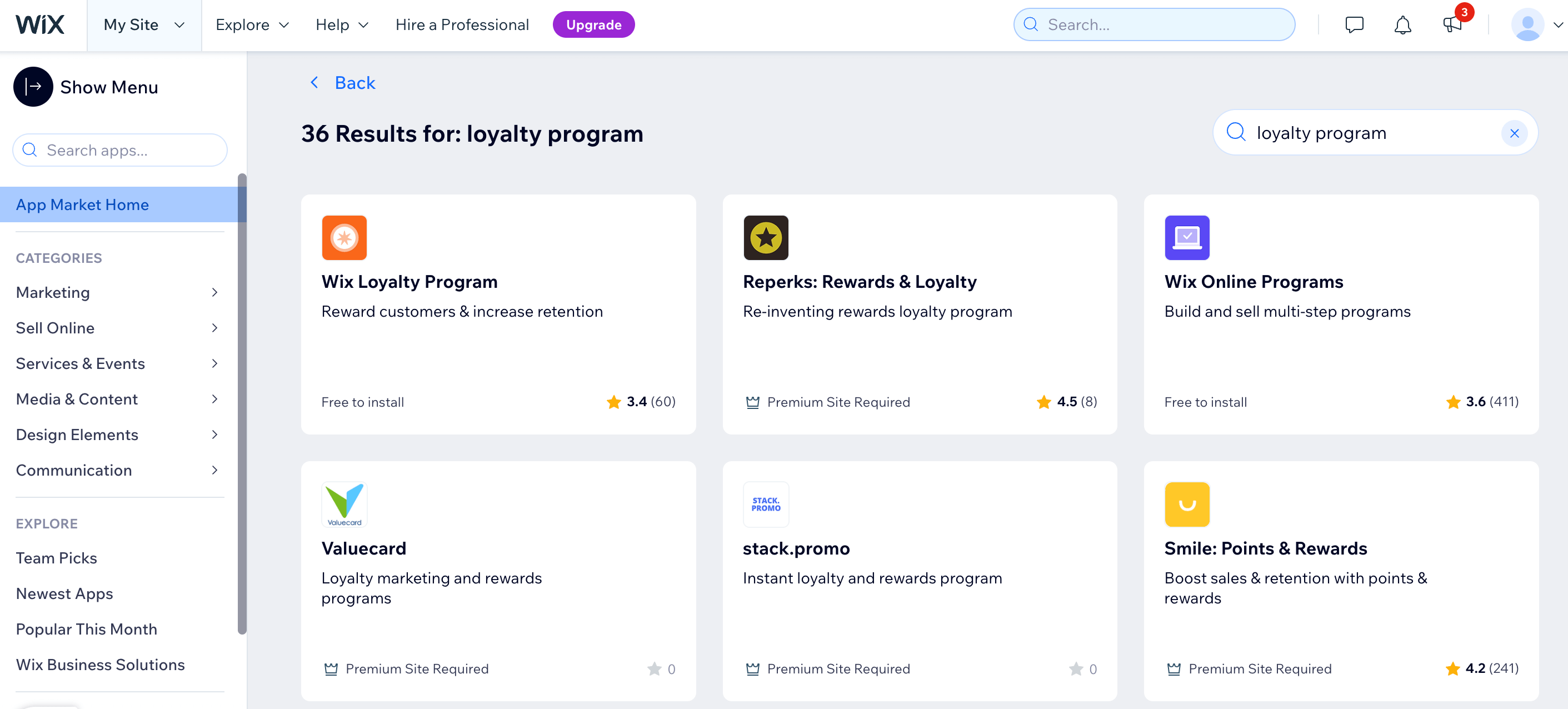 screenshot of loyalty program results on the wix app market