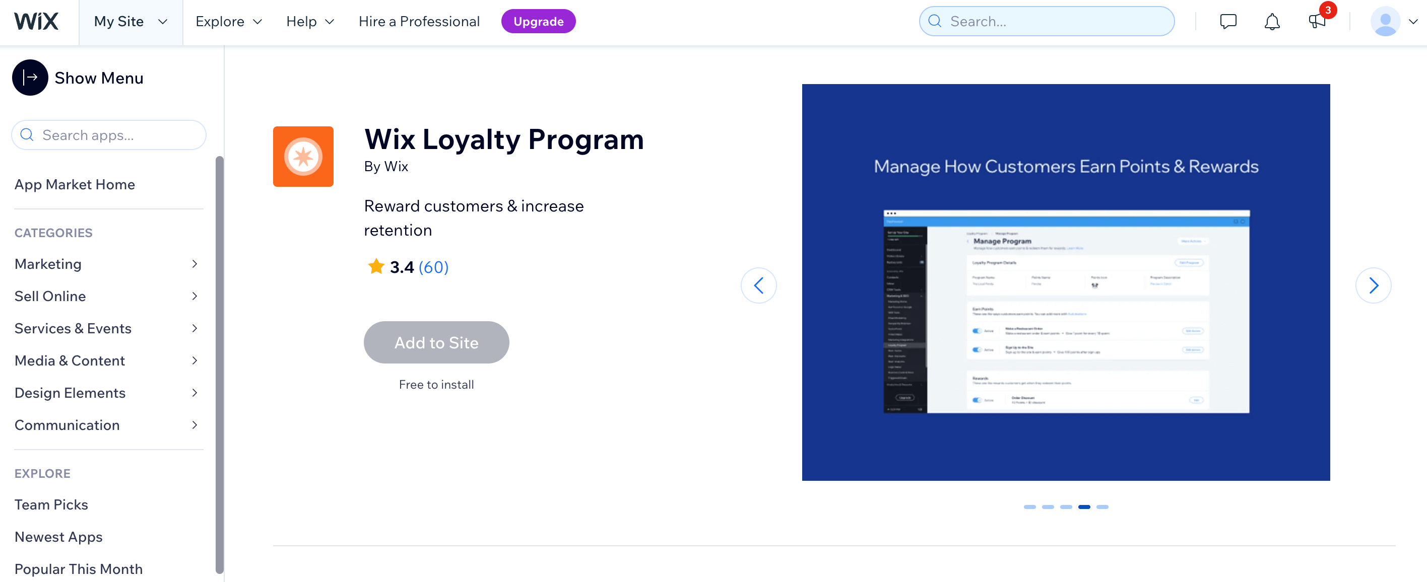 screenshot of wix free loyalty program app in the app market