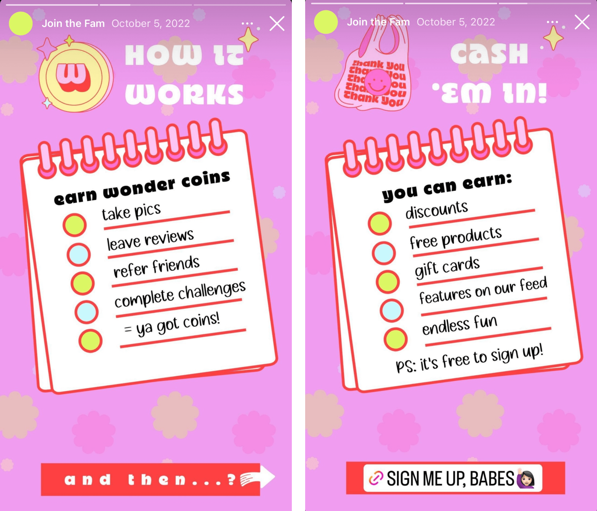 2 screenshots of Instagram stories from Woof & Wonder with its brand colors and icons. The first explains how the program works in terms of earning points and the second story shows how you can cash the points in, with a call-to-action to sign-up for the program.