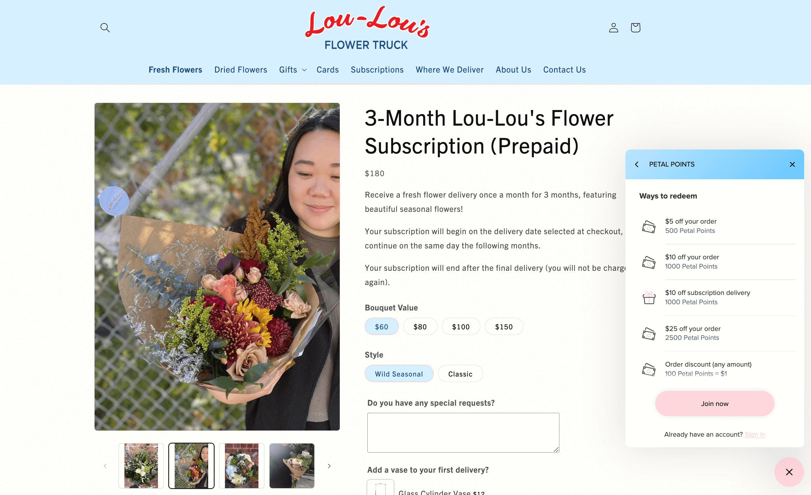 screenshot of lou-lou's prepaid 3 month flower subscription