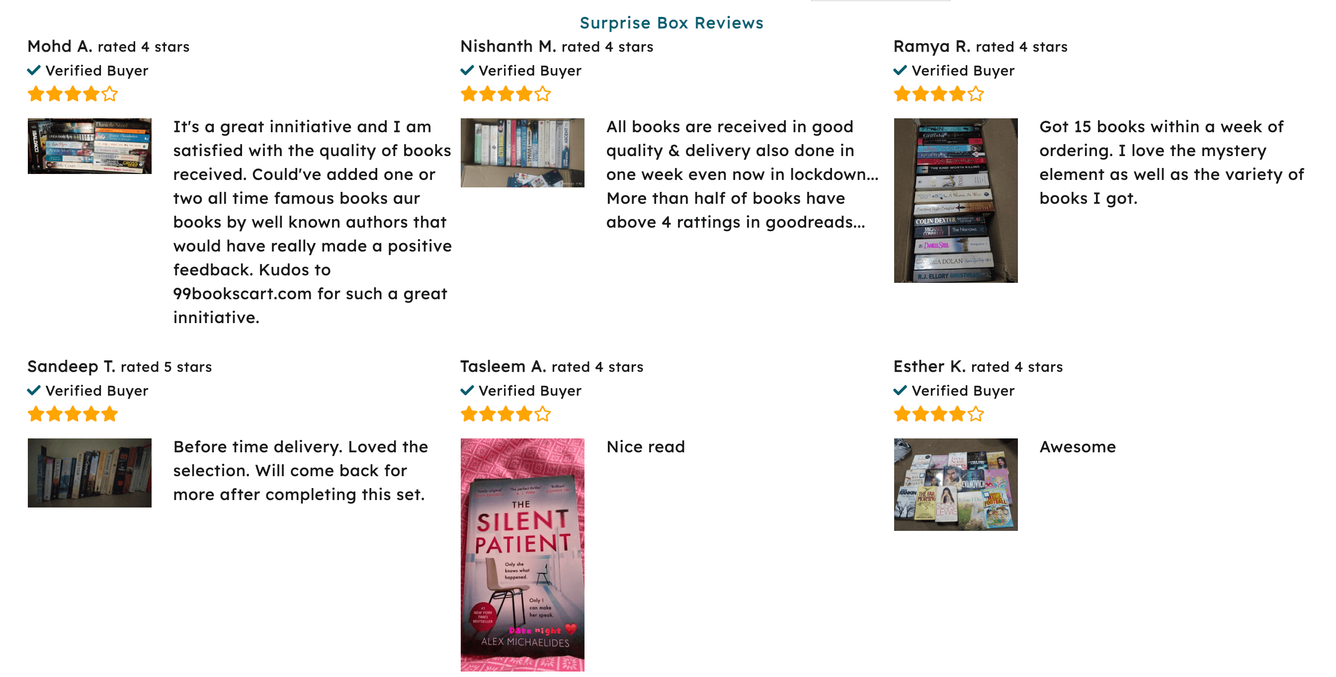 A screenshot from 99BooksCart’s website showing 6 product reviews from books customers received in their surprise boxes. 