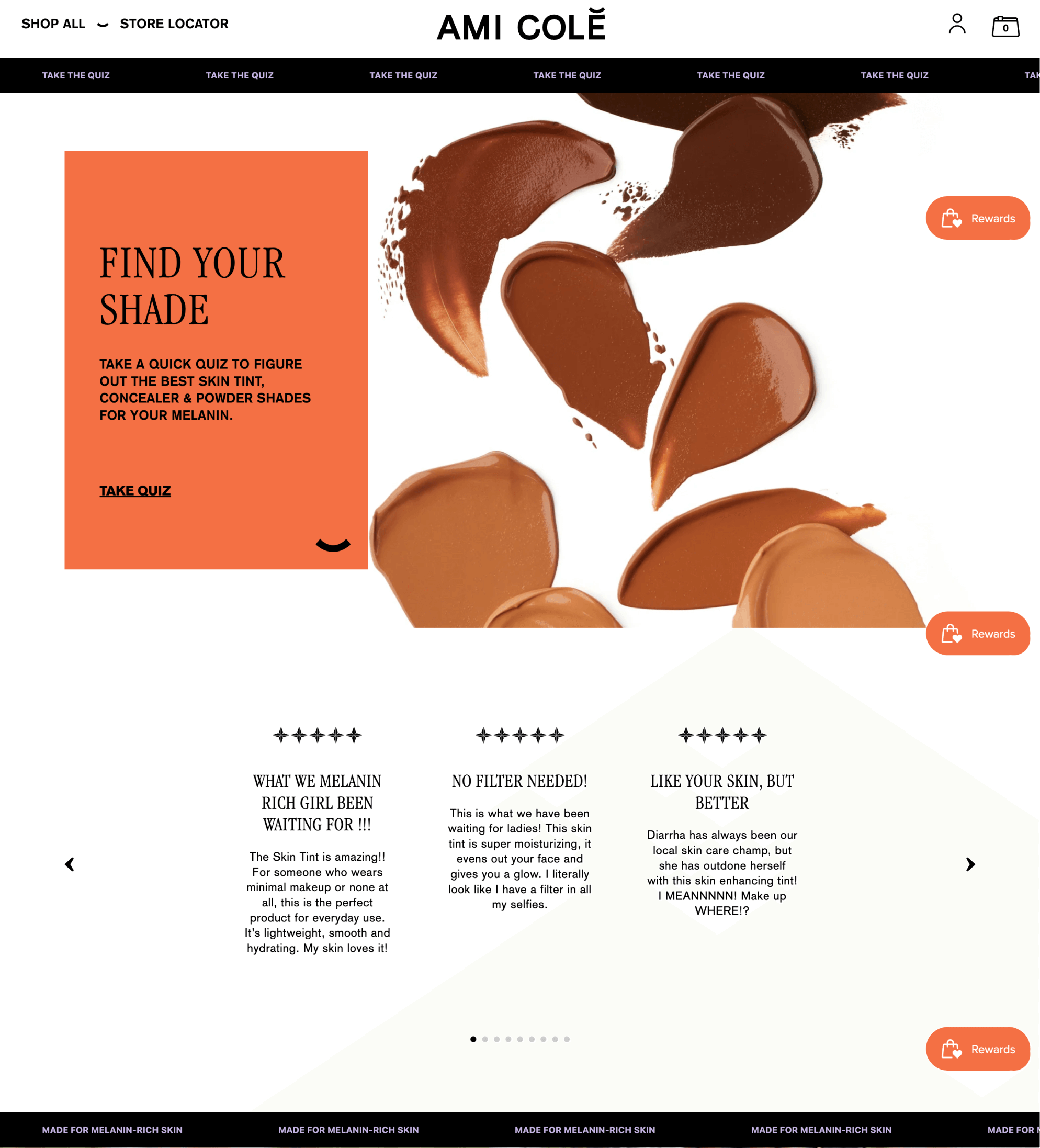 A screenshot from Ami Colé’s homepage showing its Find Your Shade quiz and 3 customer reviews highlighting the brand’s attention to offering products for melanin-rich skin. 