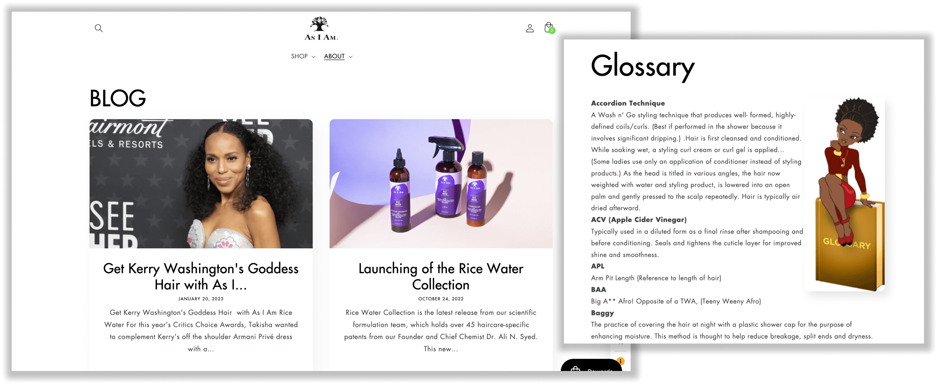 A screenshot from As I Am’s website showing its blog homepage and a glossary page of hair-related terms. 
