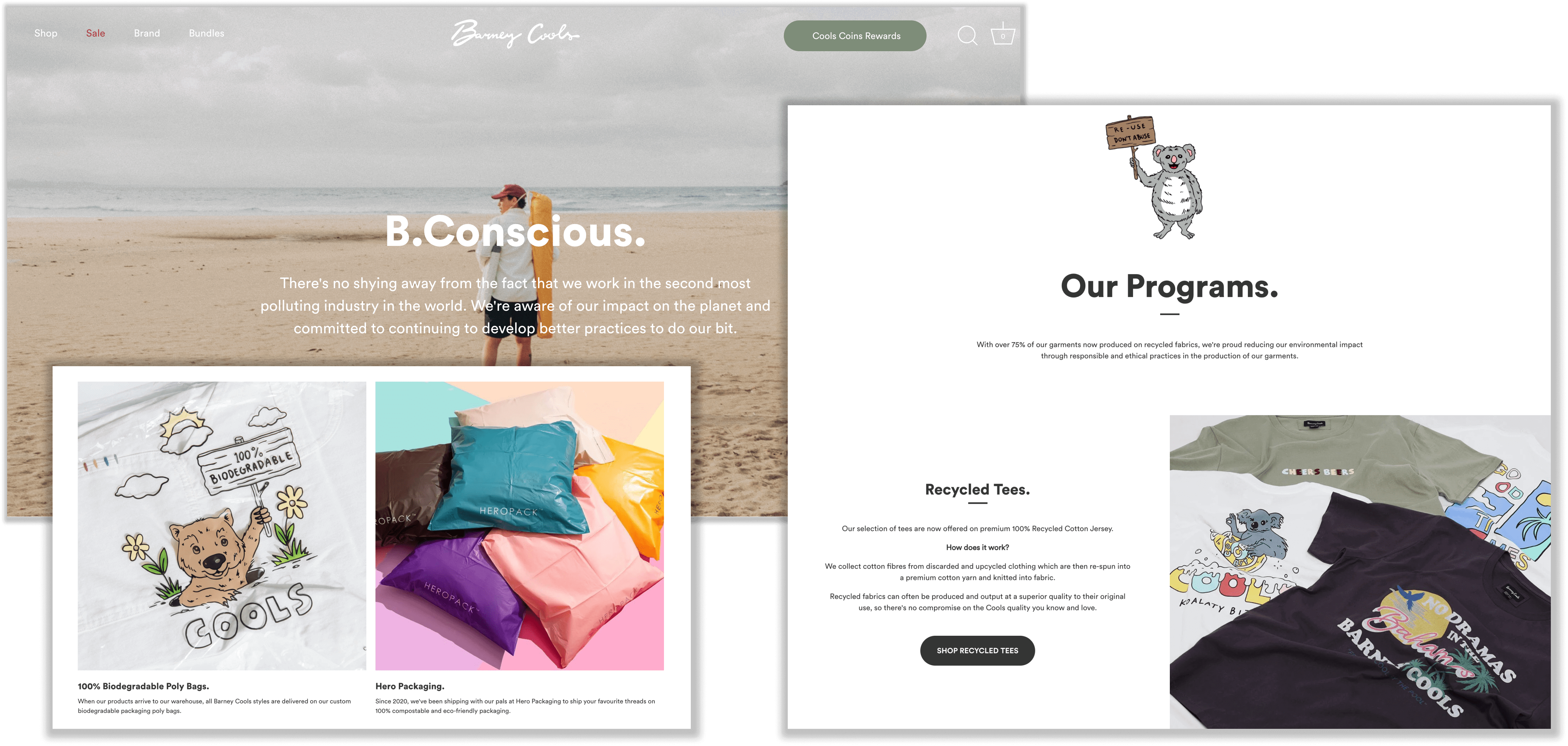 Multiple screenshots from Barney Cool’s website. They show the B. Conscious homepage, the sustainable programs offered like Recycled Tees, and the eco-friendly packaging the brand offers. 