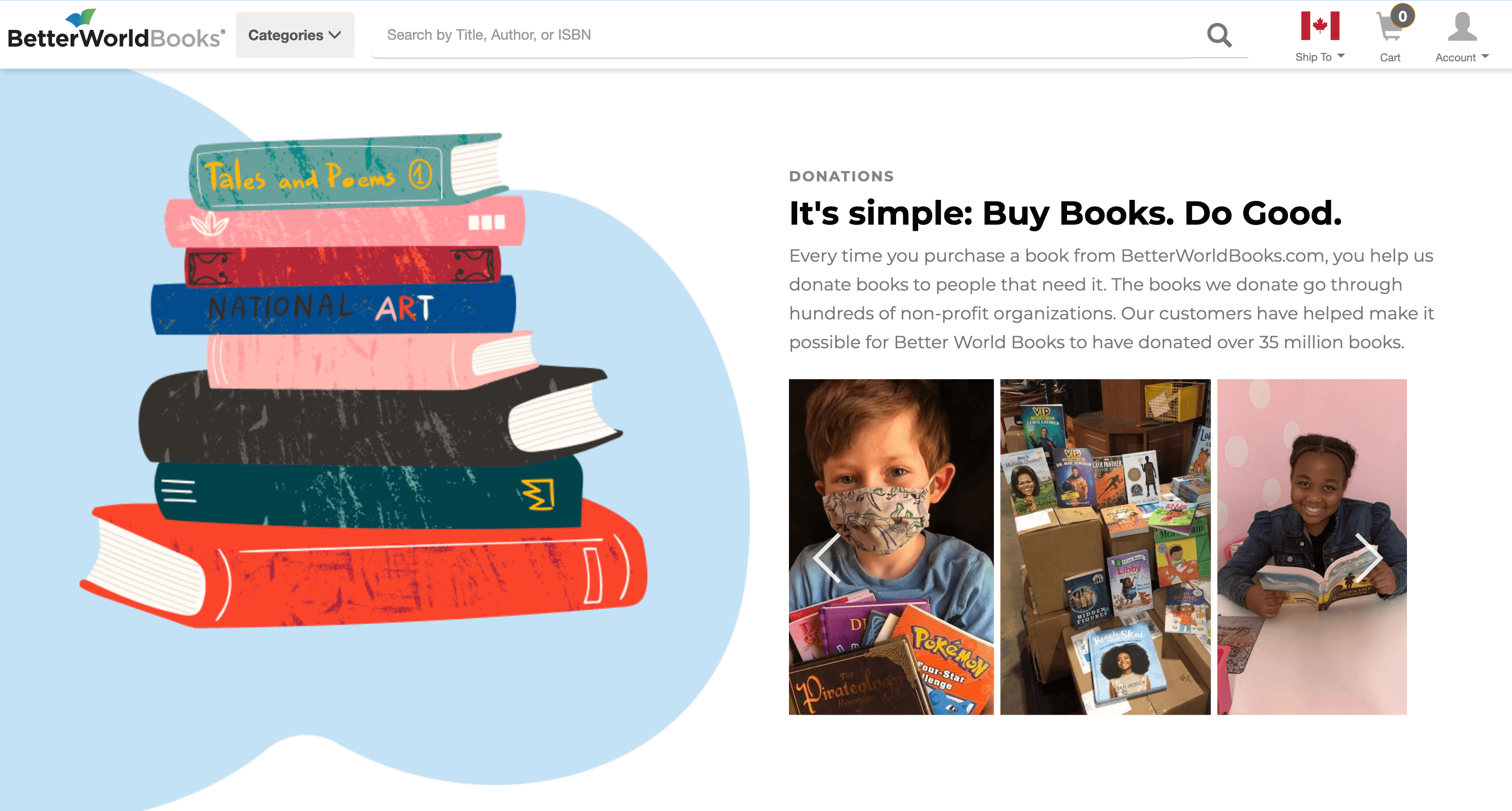 A screenshot from Better World Books’ Impact page explaining its Buy Books, Do Good mission. 
