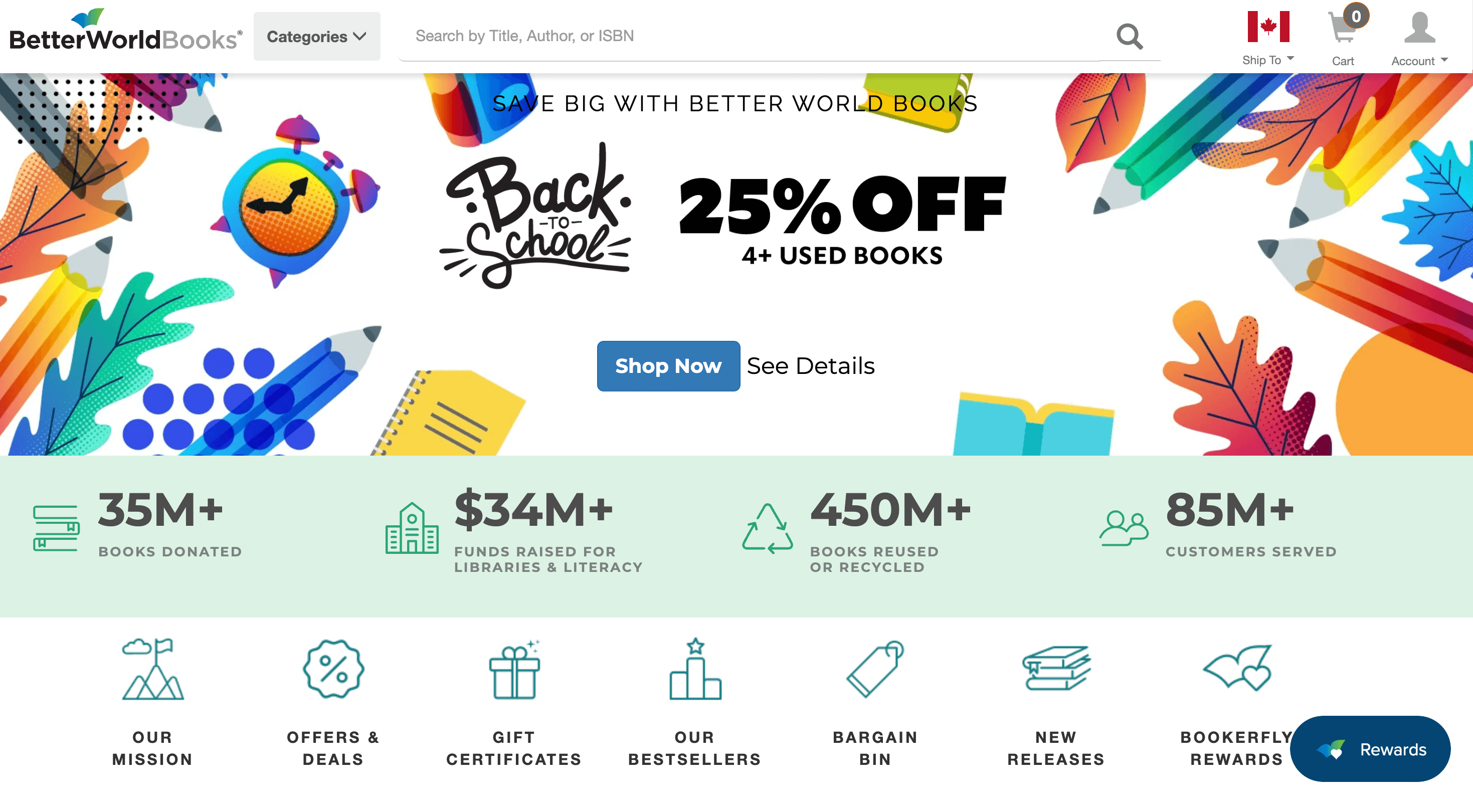 A screenshot of Better World Books’ homepage, highlighting its social initiatives such as 35 million books donated, $34 million in funds raised for libraries and literacy, 450 million books reused or recycled, and 85 million customers served. 