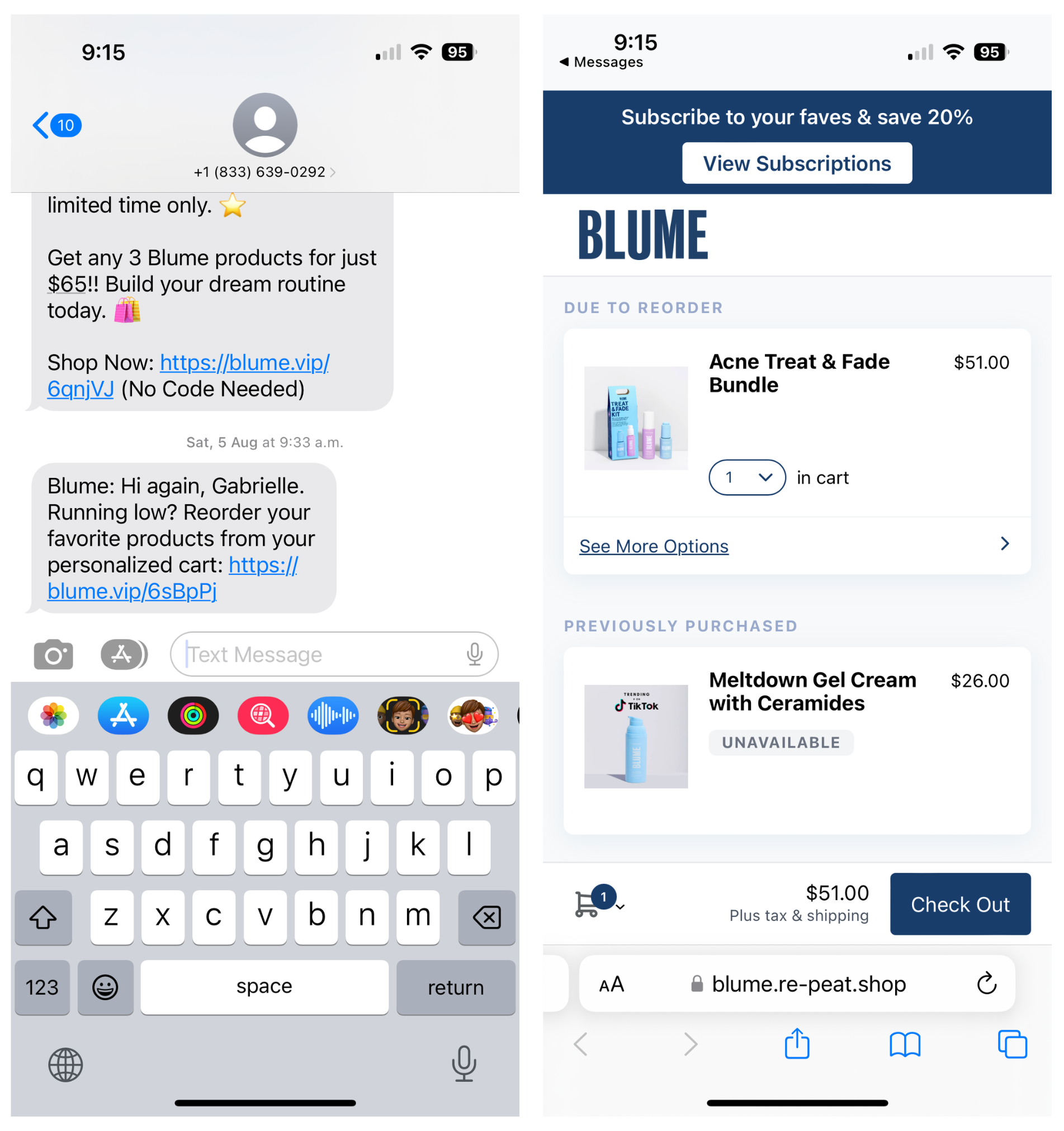 screenshot of a SMS message from Blume and a side by side website screenshot of their product page