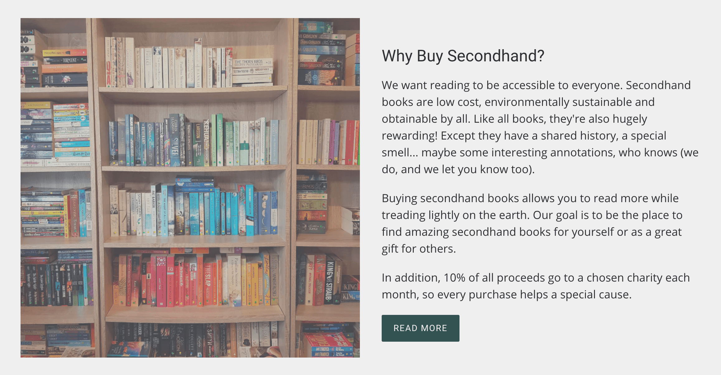 A screenshot from Books for Less website showing a section explaining why it is good to buy secondhand books. 