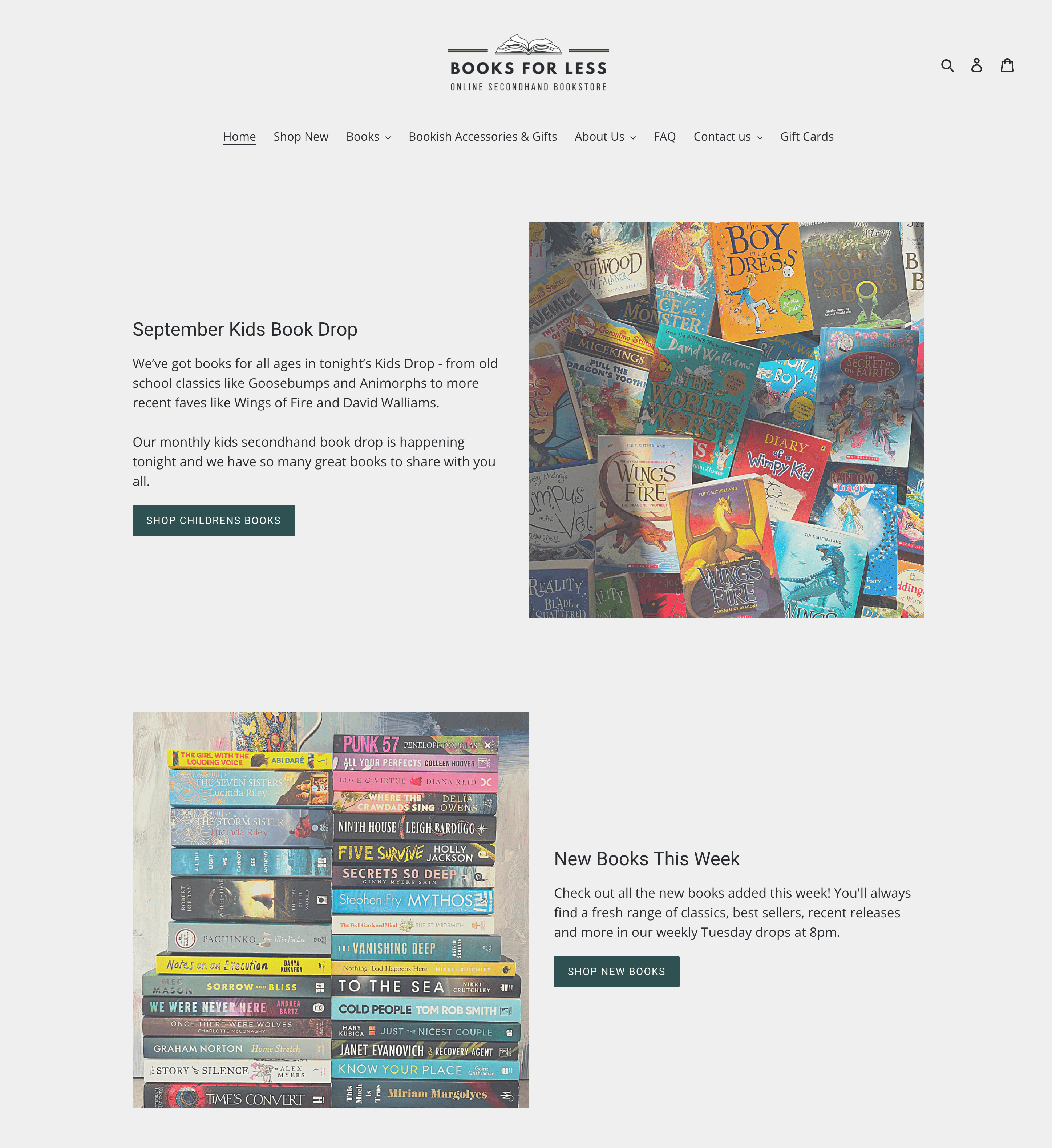 A screenshot from Books For Less’ homepage showing its September Kids Book Drop and the New Books for This Week. 